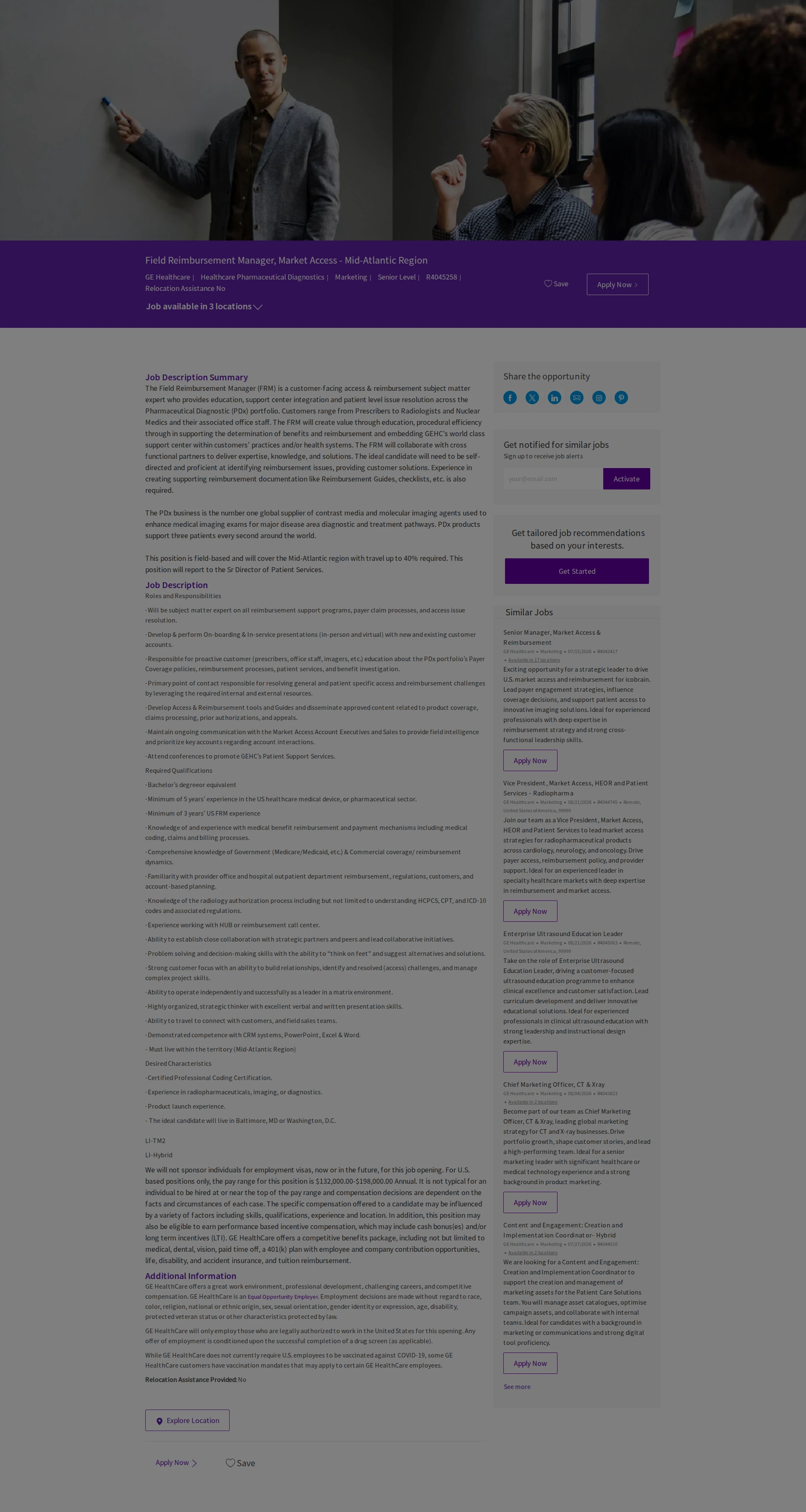 GE헬스케어 Field Reimbursement Manager, Market Access - Mid-Atlantic Region 채용공고