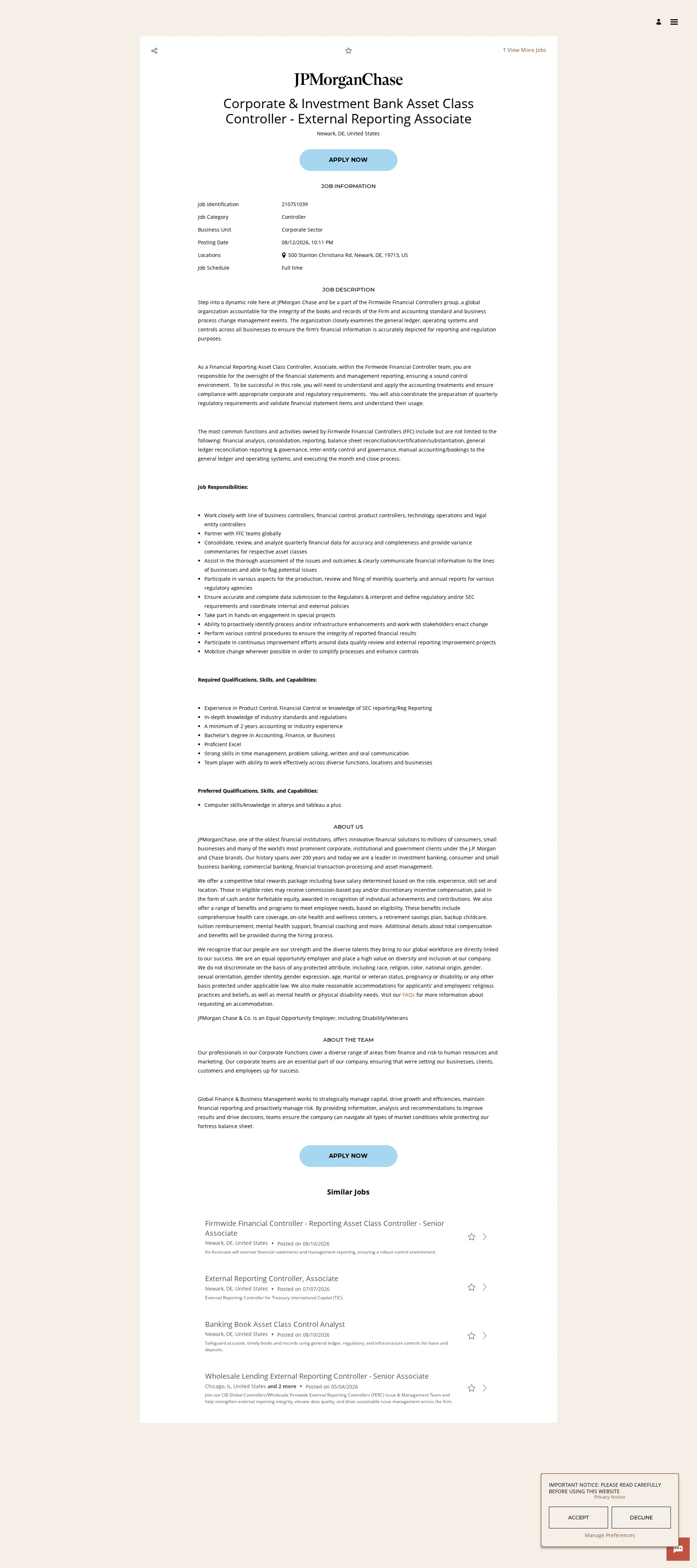 JPMorganChase Corporate & Investment Bank Asset Class Controller - External Reporting Associate 채용공고