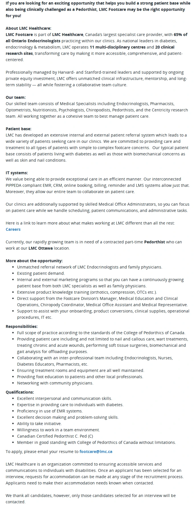 LMC Healthcare Pedorthist (Independent Contractor) 채용공고