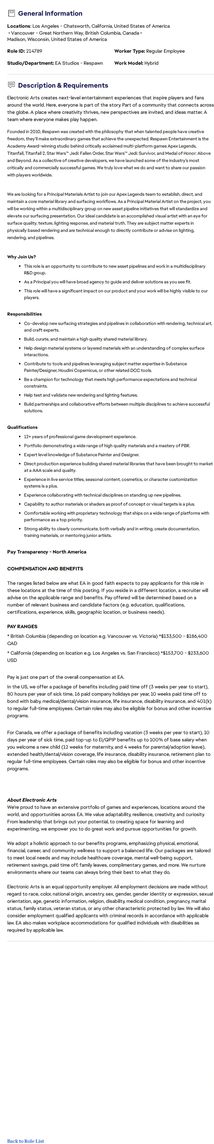 ElectronicArts Principal Materials Artist (Apex Legends) 채용공고