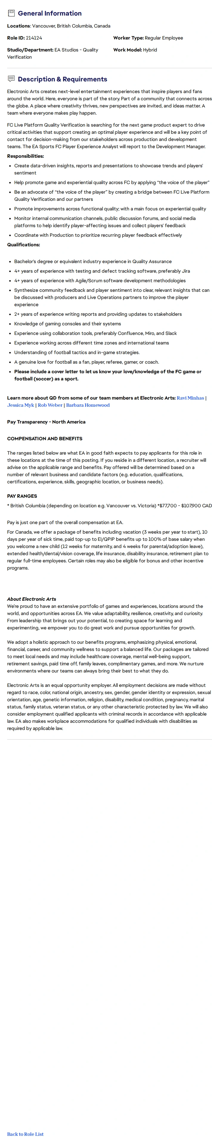 ElectronicArts EA Sports FC Player Experience Analyst - FC Quality Verification 채용공고