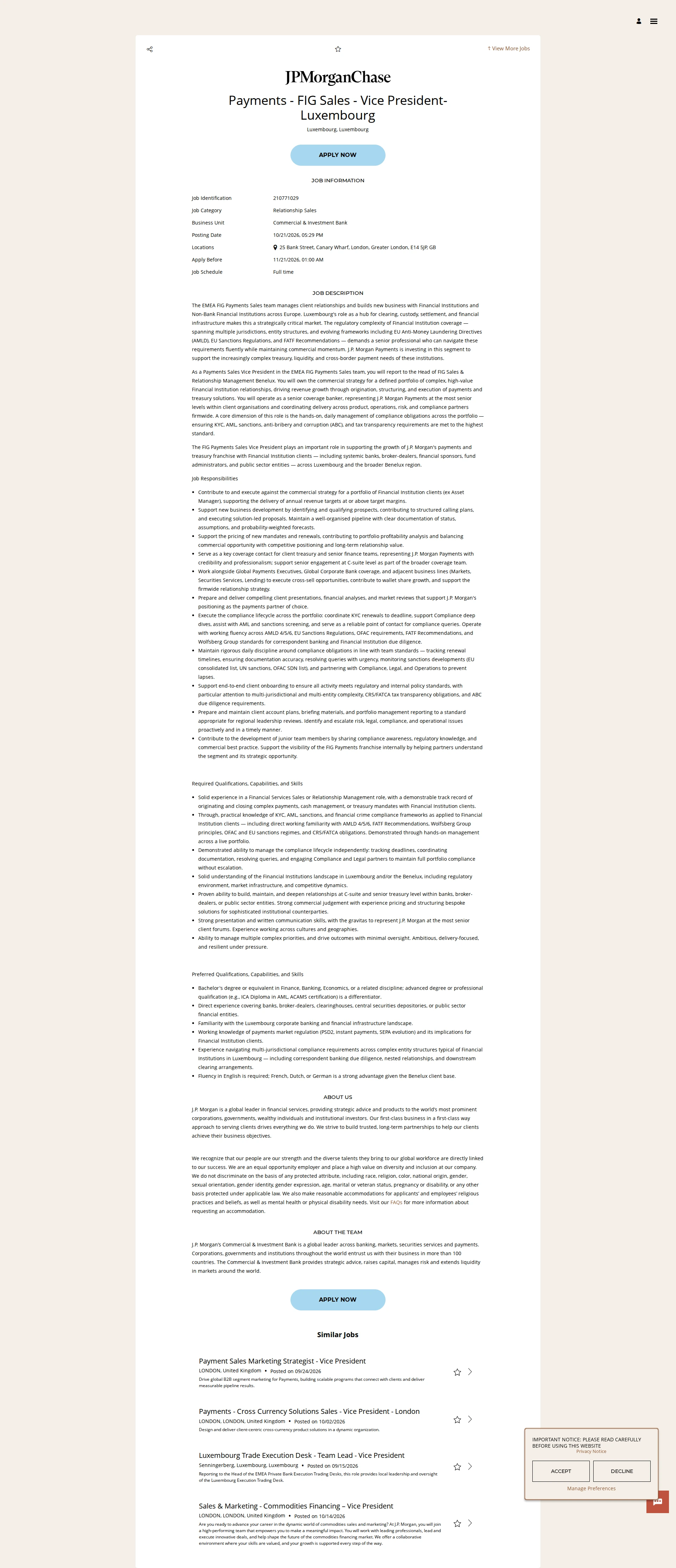 JPMorganChase Payments - FIG Sales - Vice President- Luxembourg 채용공고
