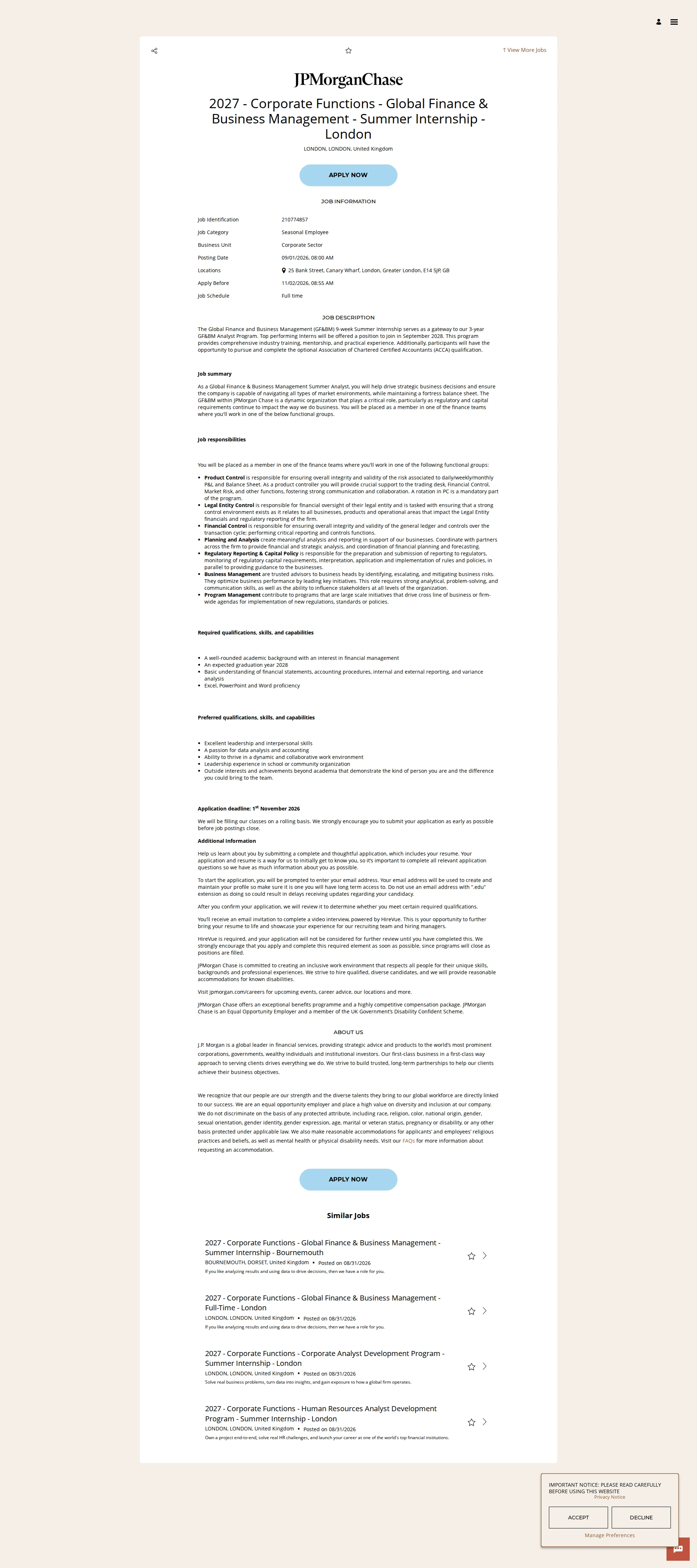 JPMorganChase 2027 - Corporate Functions - Global Finance & Business Management - Summer Internship - London 채용공고