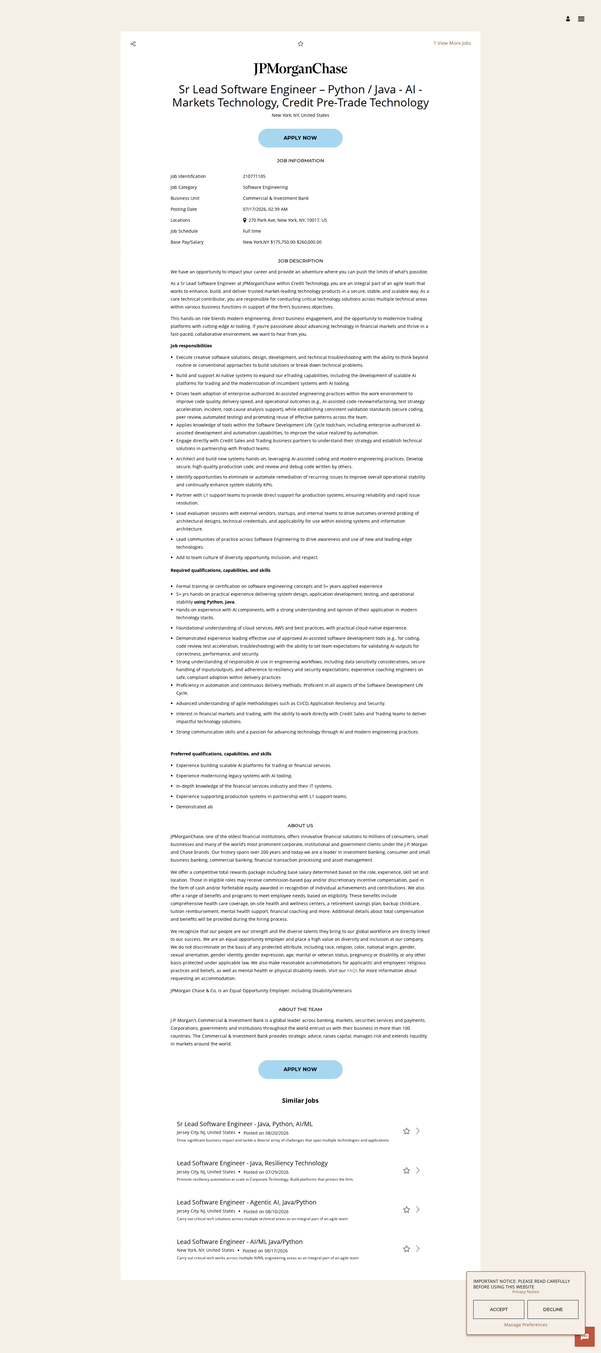 JPMorganChase Sr Lead Software Engineer – Python / Java - AI -Markets Technology, Credit Pre-Trade Technology 채용공고