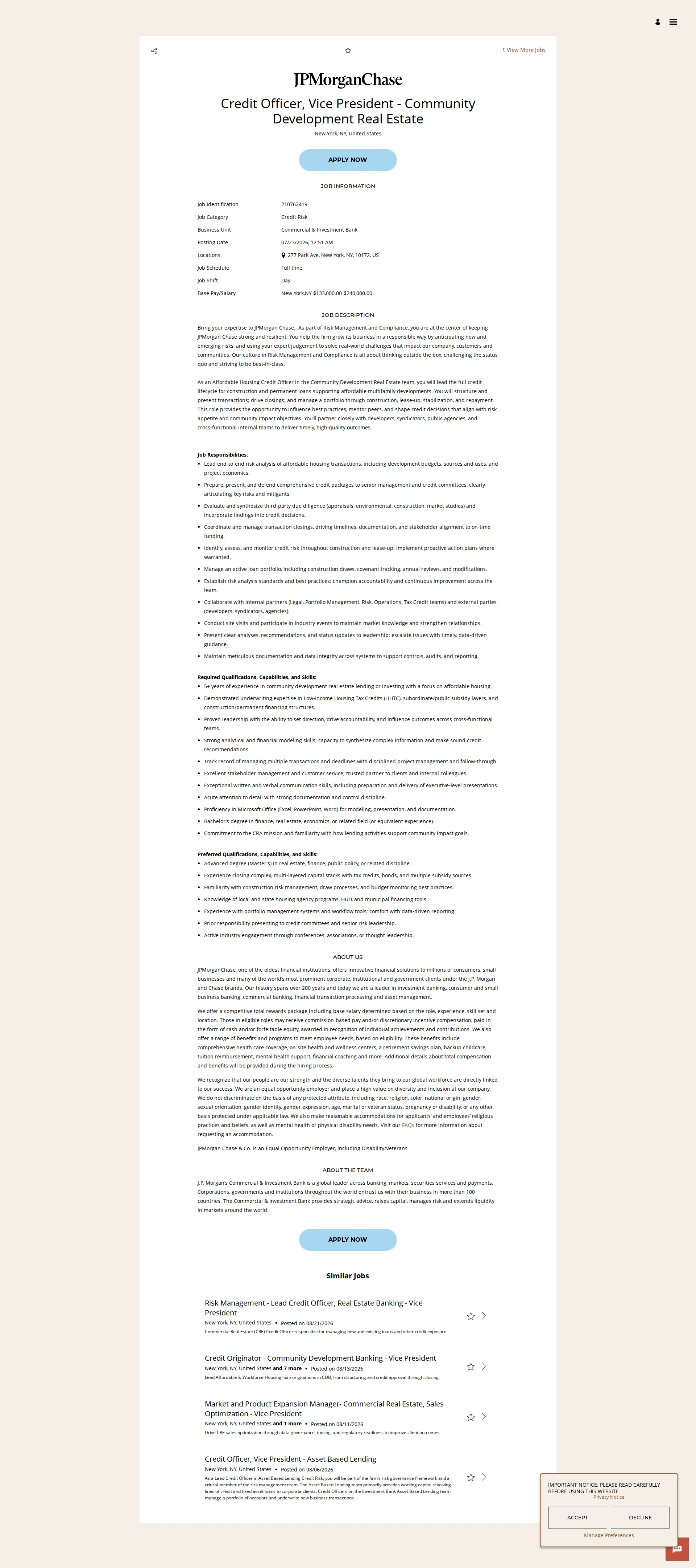 JPMorganChase Credit Officer, Vice President - Community Development Real Estate 채용공고