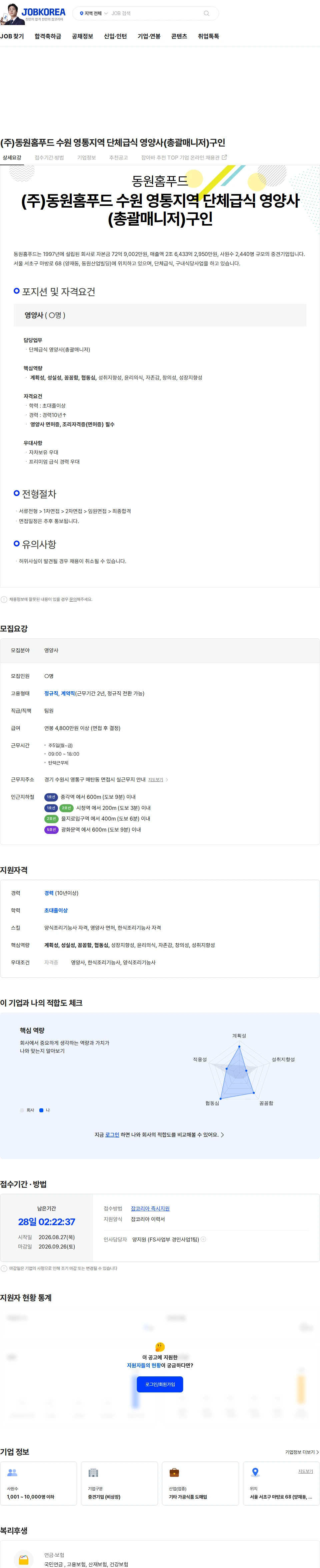 동원홈푸드 (주)동원홈푸드 수원 영통지역 단체급식 영양사(총괄매니저)구인 채용공고