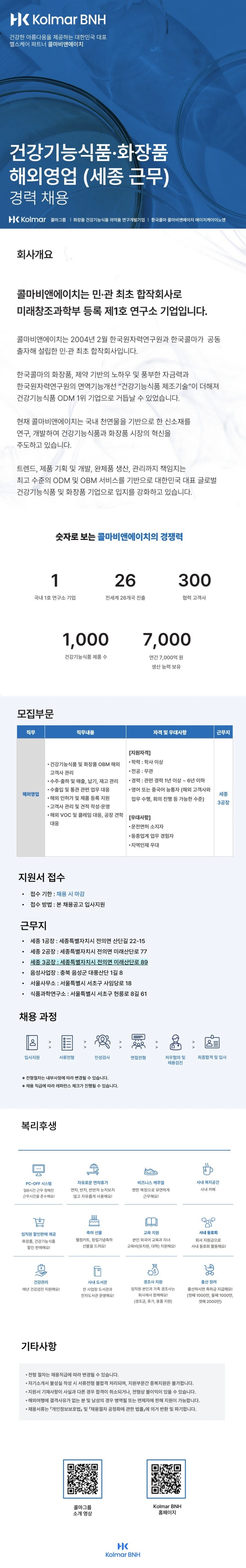 콜마비앤에이치 세종3공장 건강기능식품·화장품 해외영업 경력 채용 (채용시 마감) 채용공고