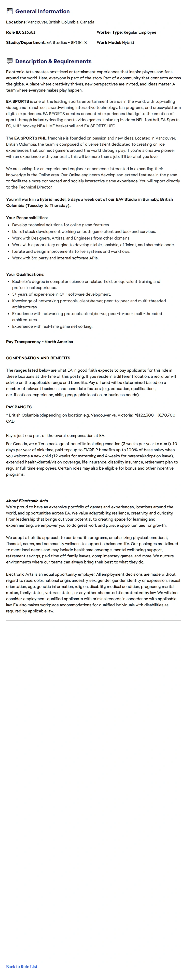 ElectronicArts Online Software Engineer - EA SPORTS™ NHL 채용공고