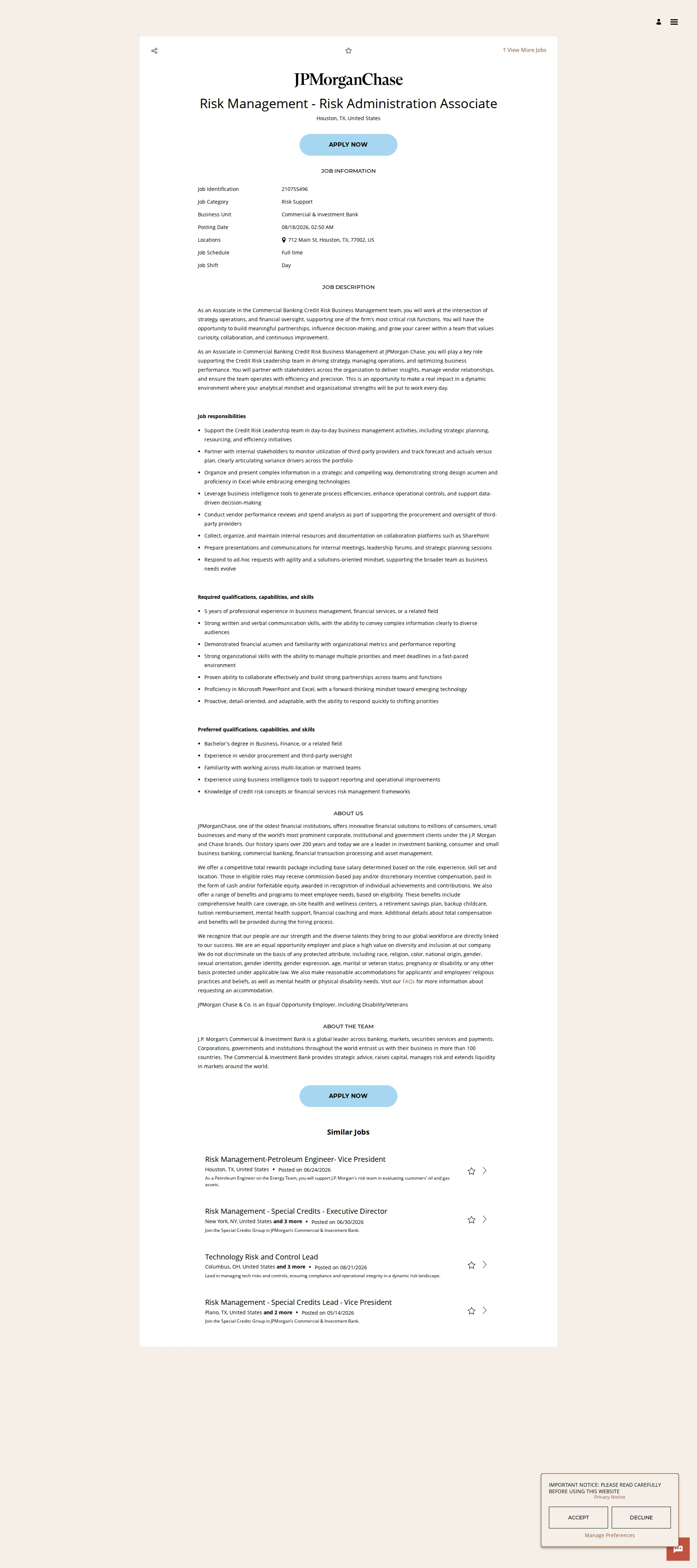 JPMorganChase Risk Management - Risk Administration Associate 채용공고