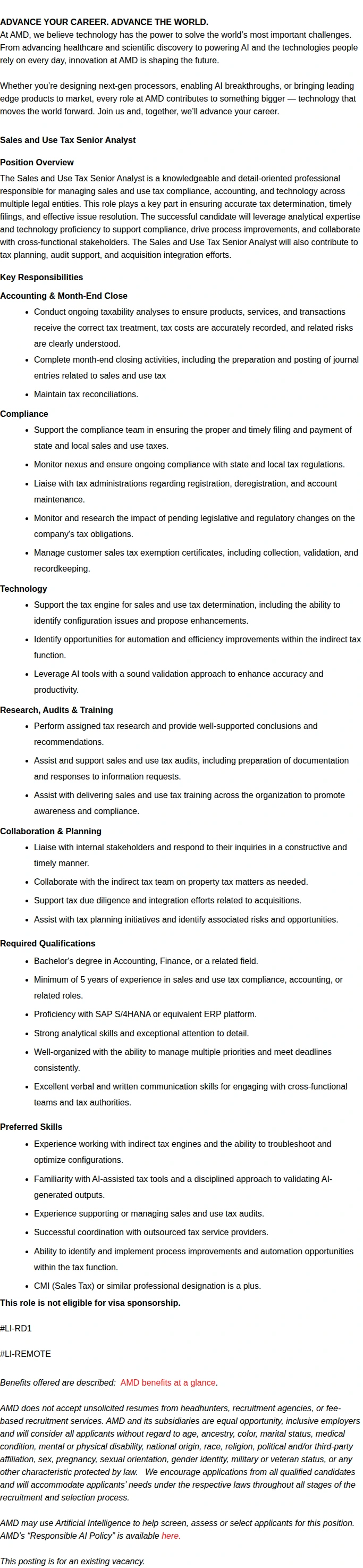 AMD Sales and Use Tax Senior Analyst 채용공고