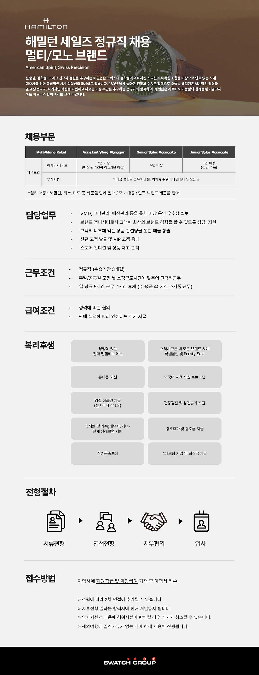 스와치그룹코리아 [해밀턴 Hamilton] 멀티/모노 세일즈 정규직 채용 (신입/경력) 채용공고