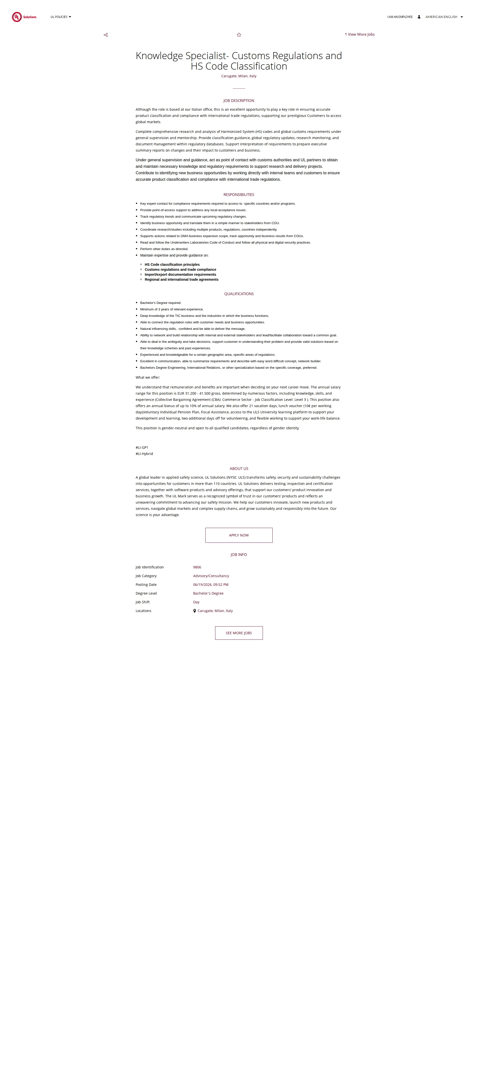 UL Solutions Knowledge Specialist- Customs Regulations and HS Code Classification 채용공고