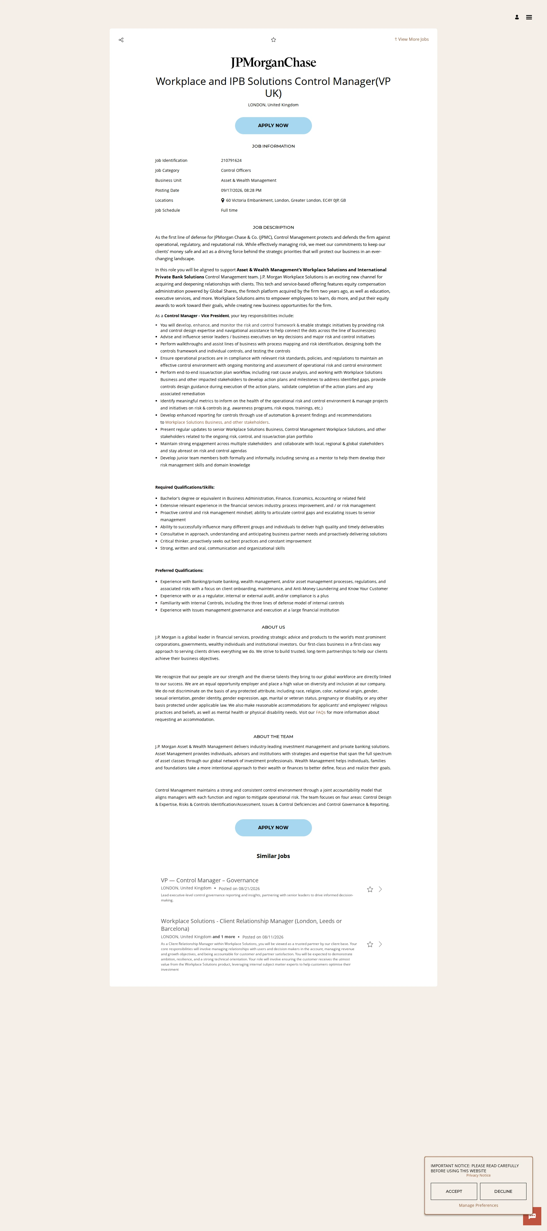 JPMorganChase Workplace and IPB Solutions Control Manager(VP UK) 채용공고
