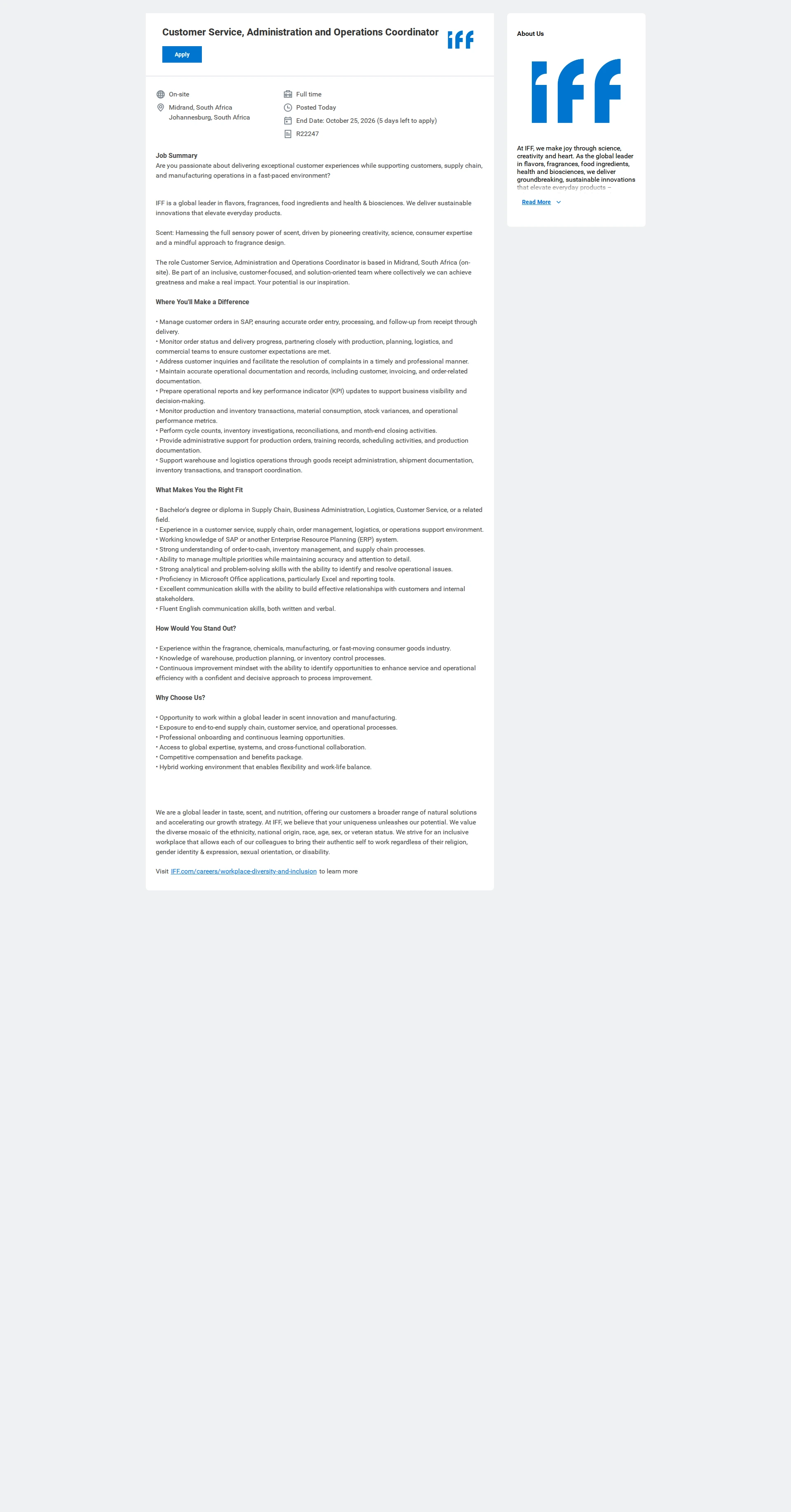 IFF Customer Service, Administration and Operations Coordinator 채용공고