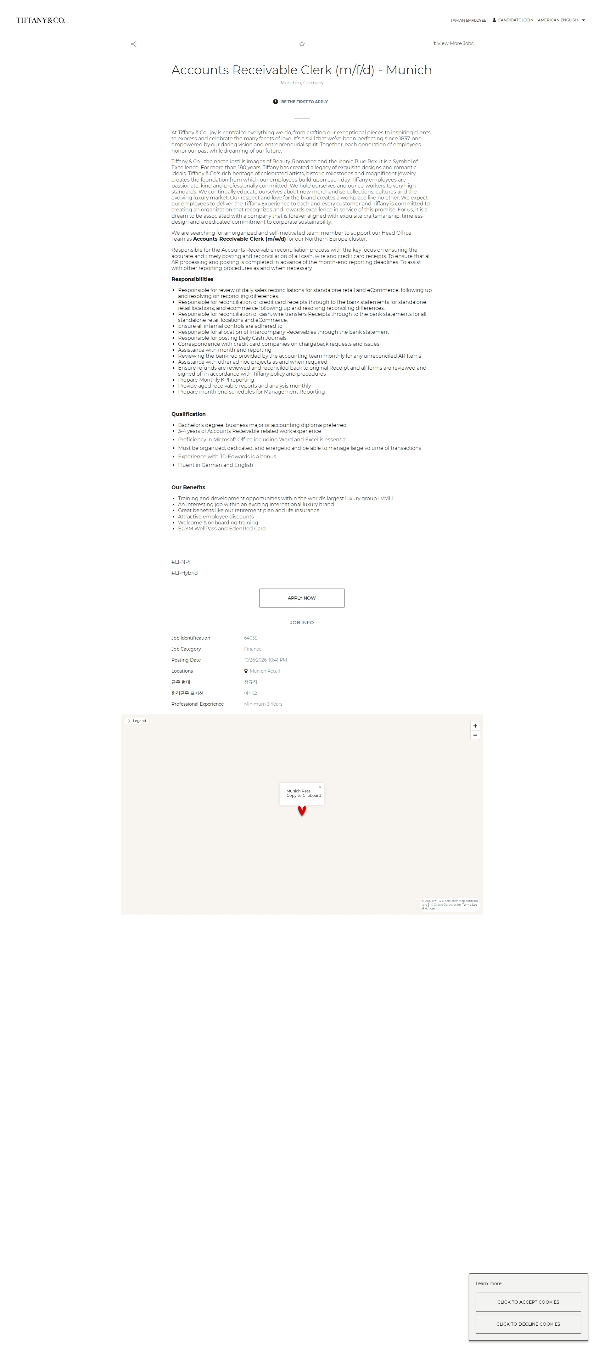 티파니앤코 Accounts Receivable Clerk (m/f/d) - Munich 채용공고