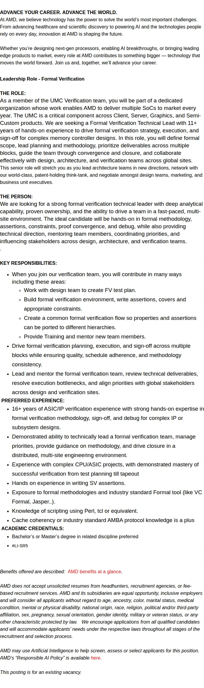 AMD Leadership Role - Formal Verification 채용공고