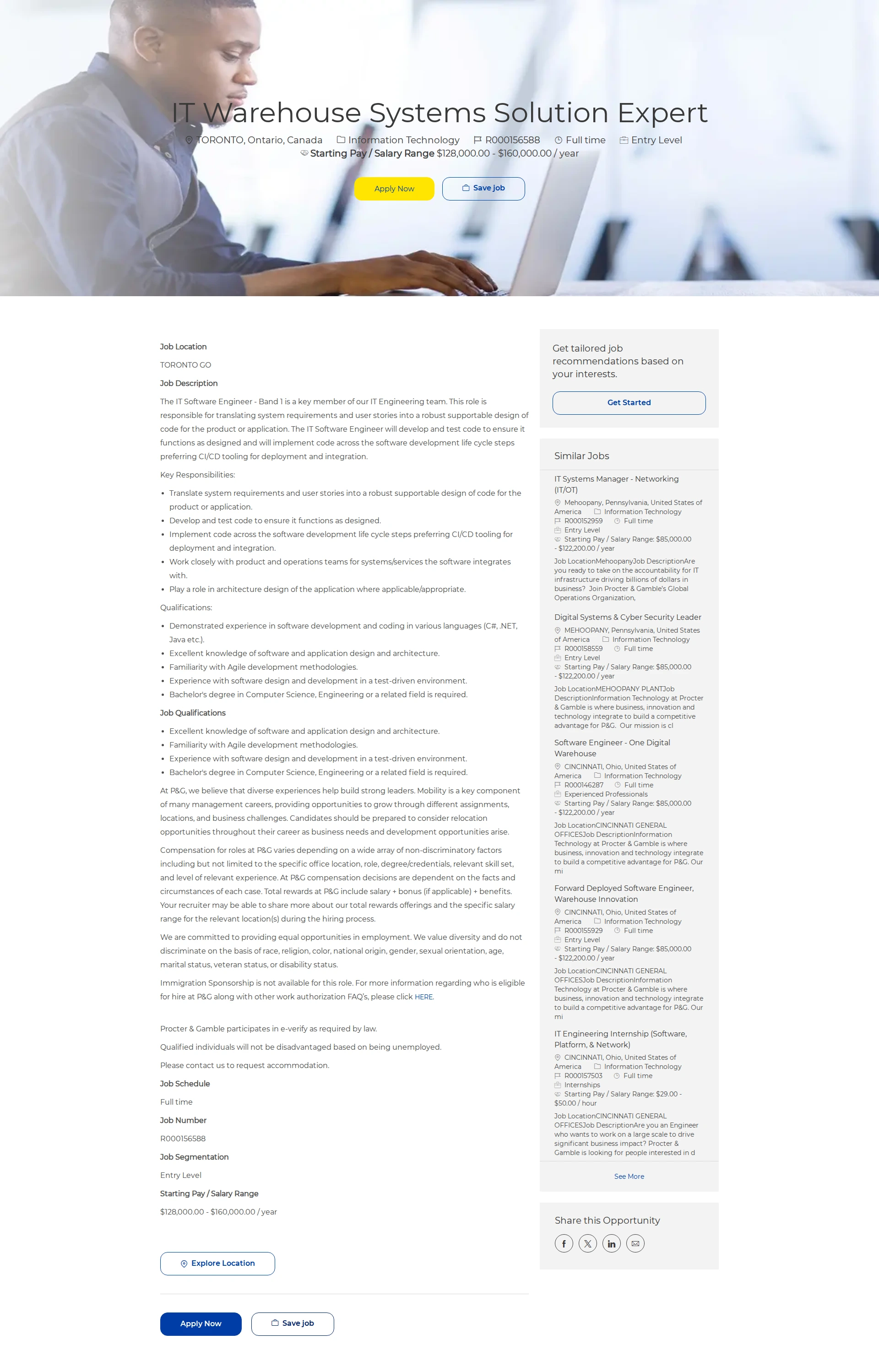 P&G IT Warehouse Systems Solution Expert 채용공고
