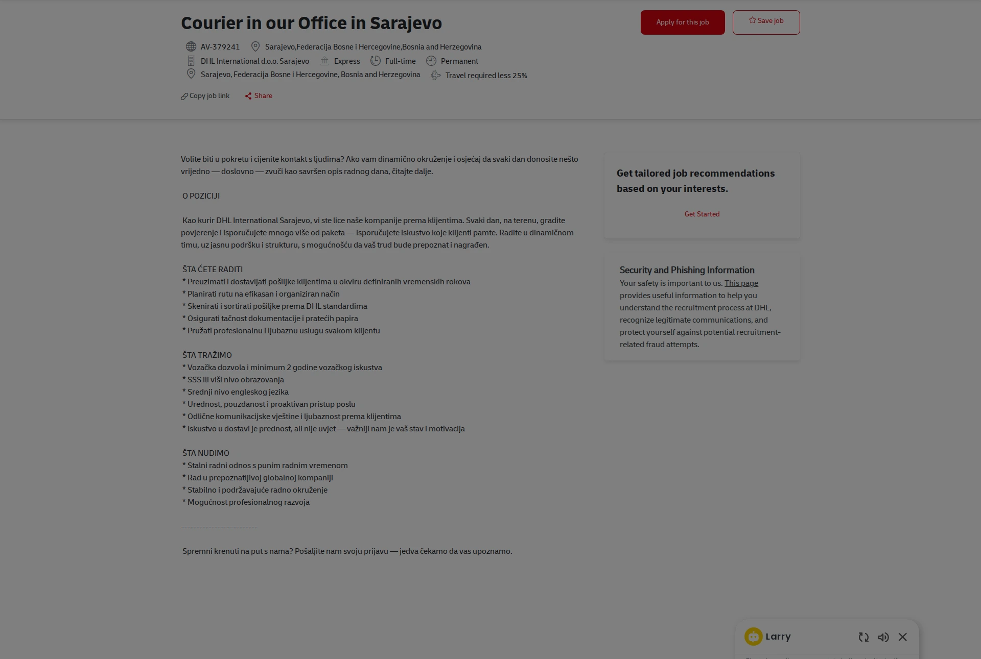 DHL Courier in our Office in Sarajevo 채용공고