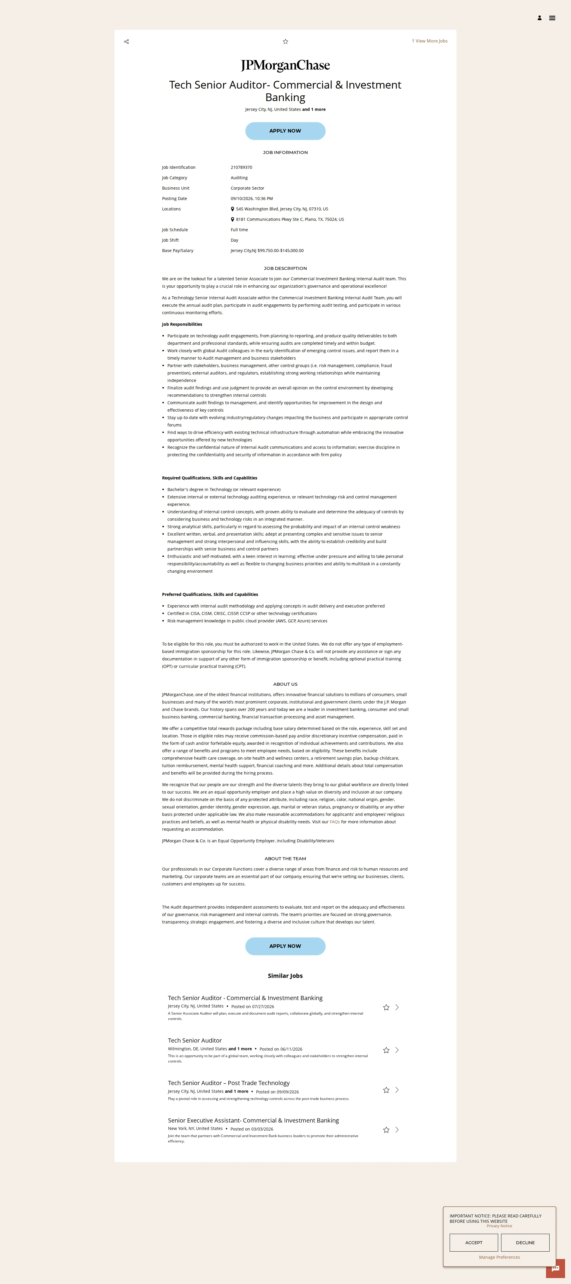 JPMorganChase Tech Senior Auditor- Commercial & Investment Banking 채용공고