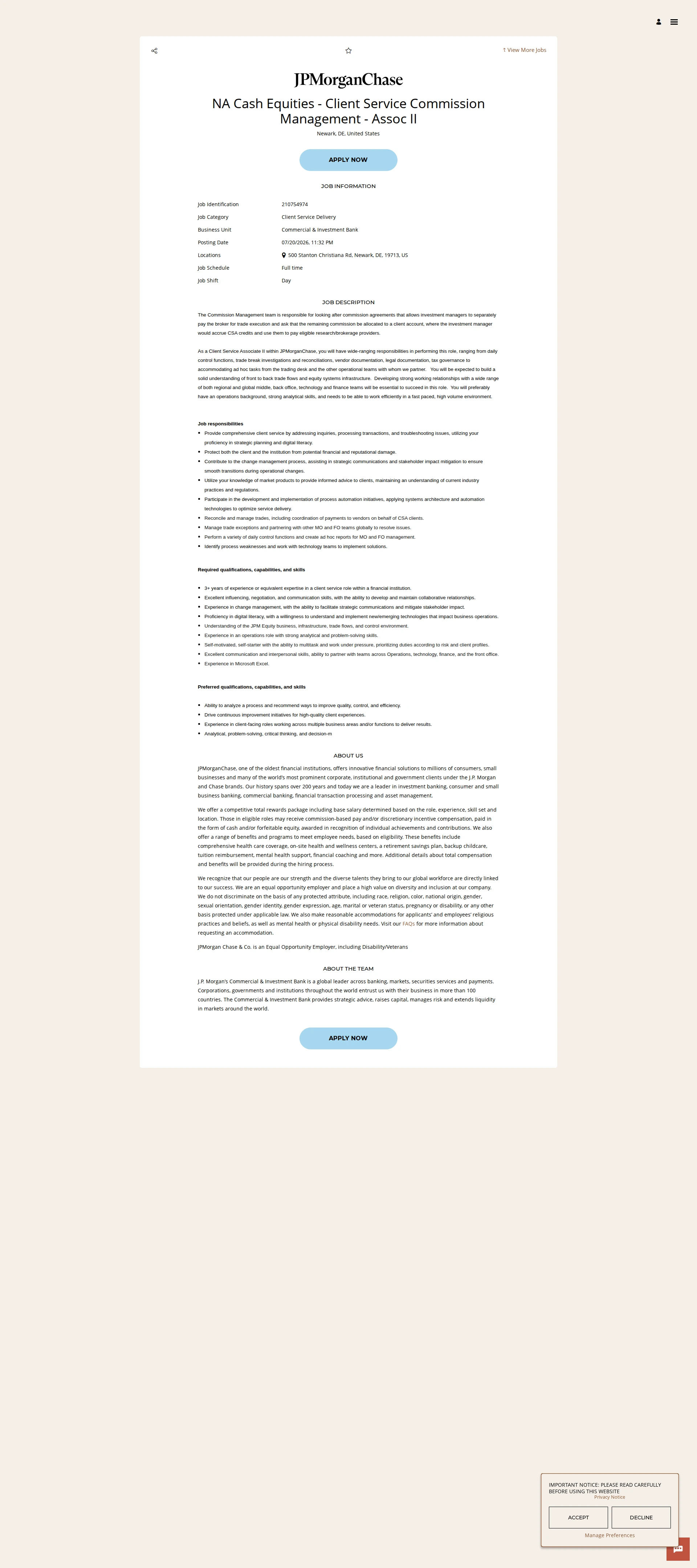 JPMorganChase NA Cash Equities - Client Service Commission Management - Assoc II 채용공고