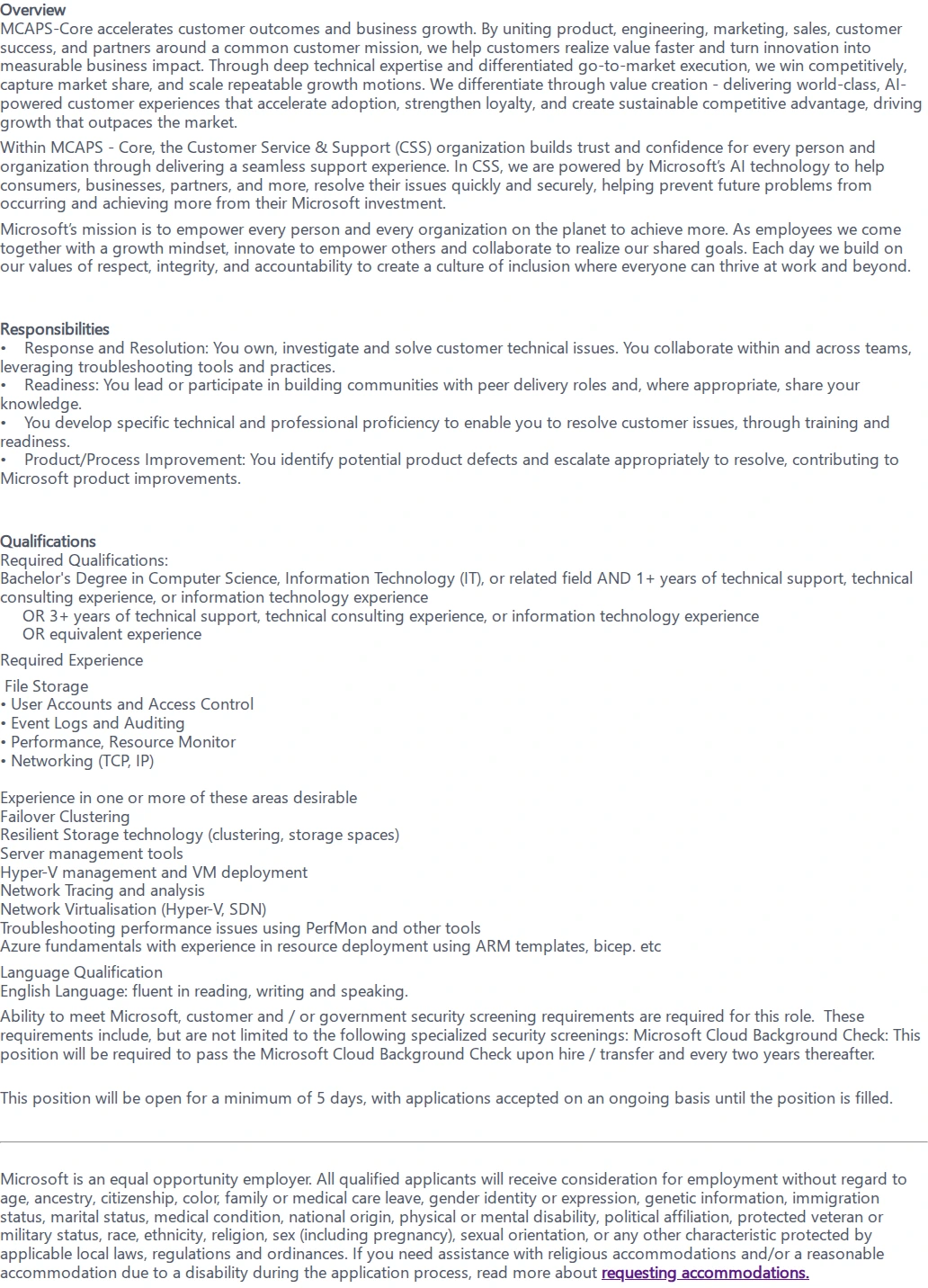 마이크로소프트(Microsoft) Technical Support Engineering 채용공고