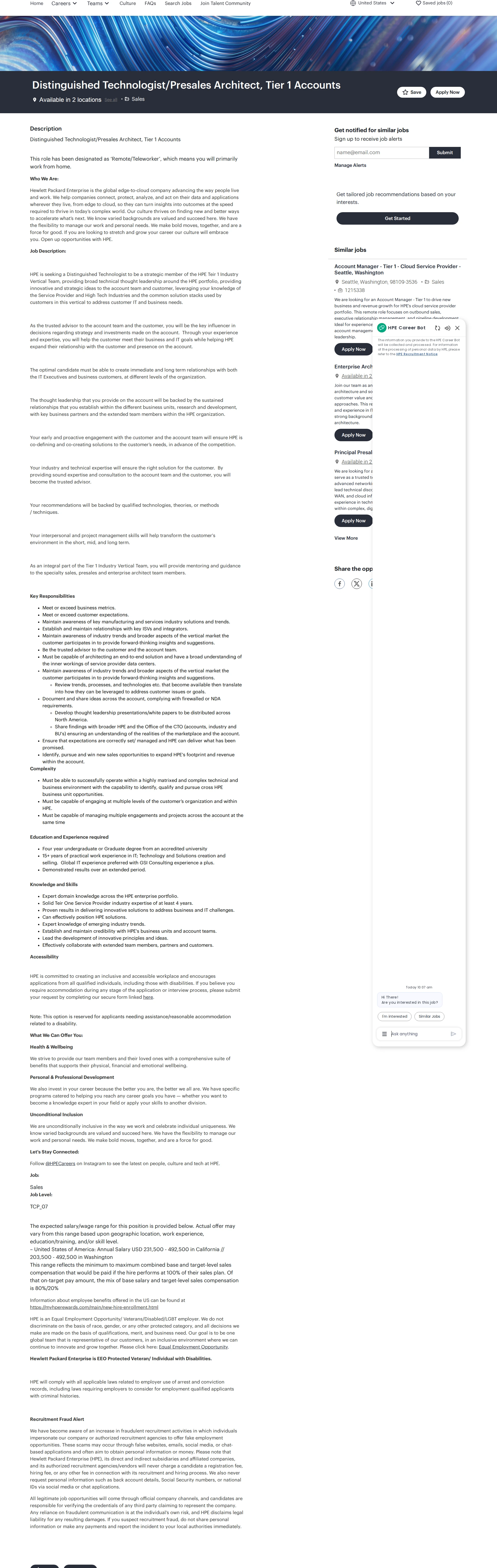 HP Distinguished Technologist/Presales Architect, Tier 1 Accounts 채용공고