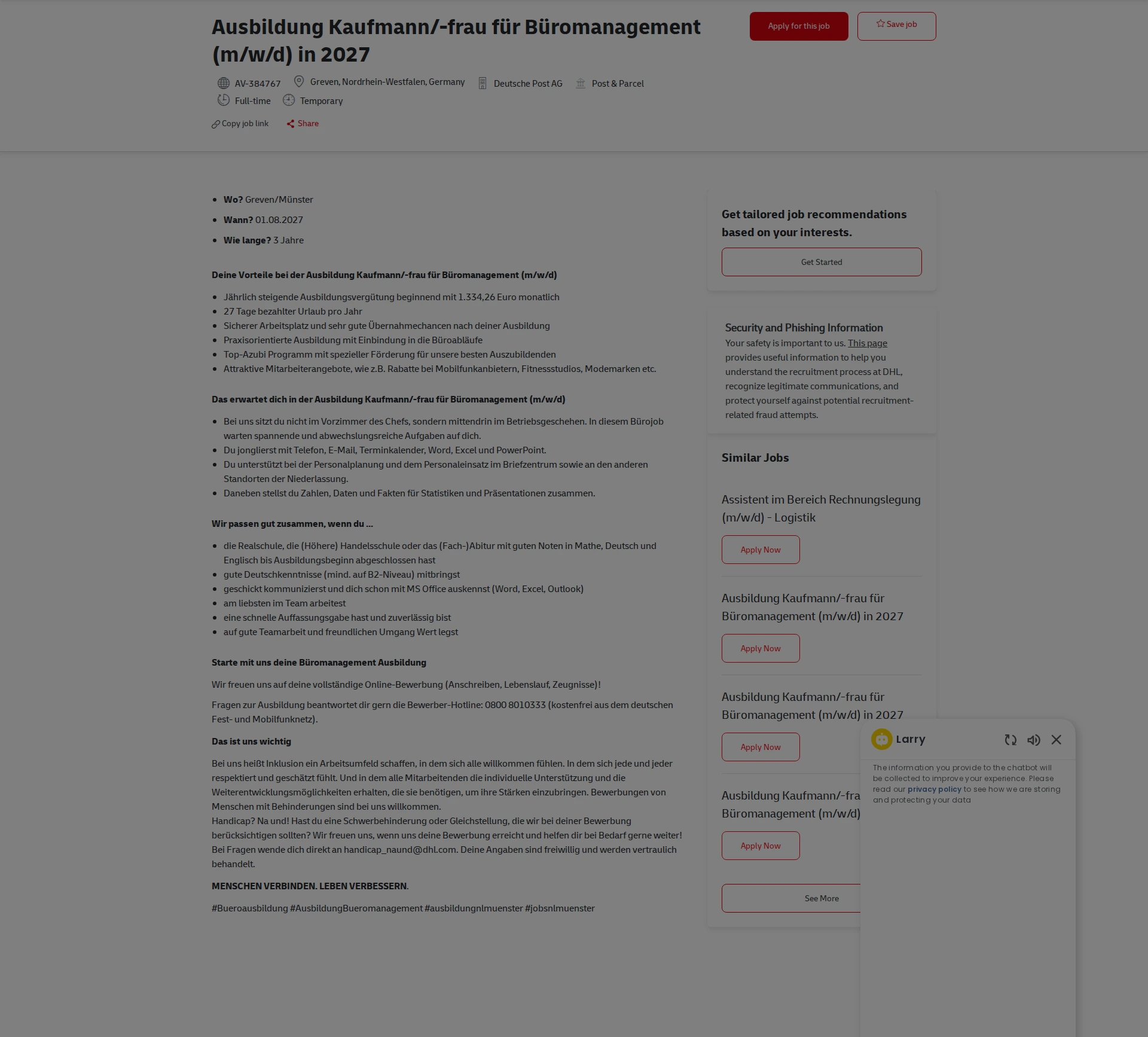 DHL Ausbildung Kaufmann/-frau für Büromanagement (m/w/d) in 2027 채용공고