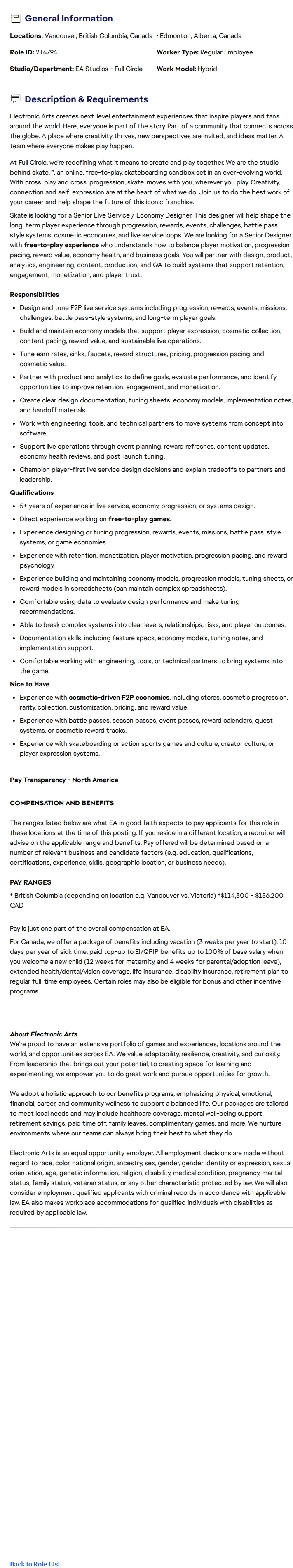 ElectronicArts Senior Live Service / Economy Designer 채용공고