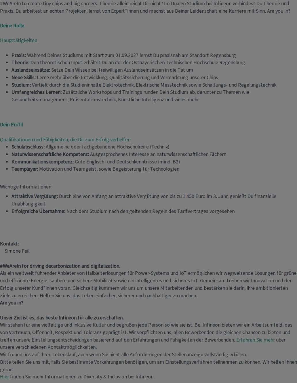 인피니언테크놀로지스코리아 Duales Studium - B. Eng. Elektro- und Informationstechnik 2027 (w/m/div) 채용공고