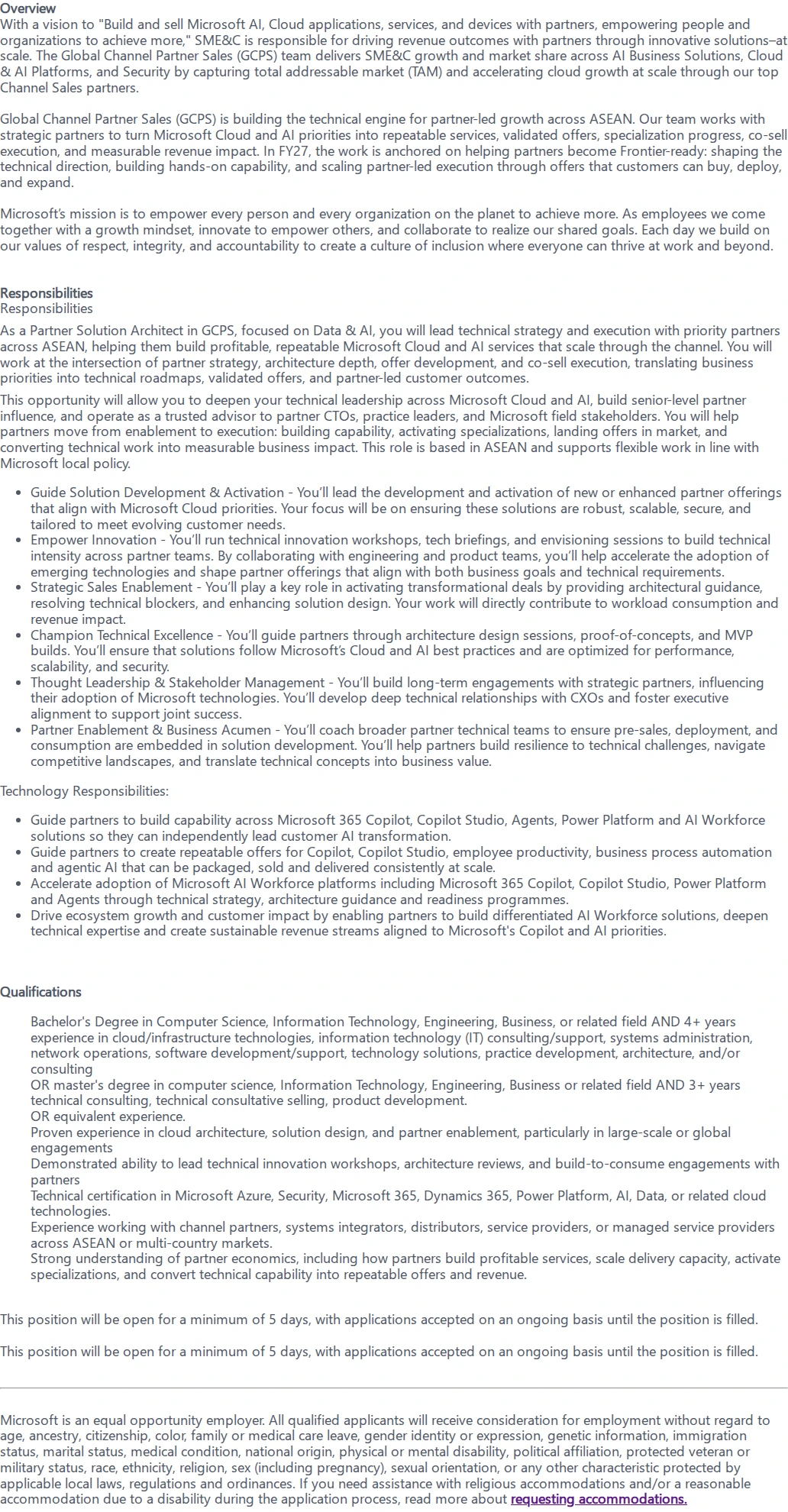 마이크로소프트(Microsoft) Partner Solution Architect: AI Workforce 채용공고