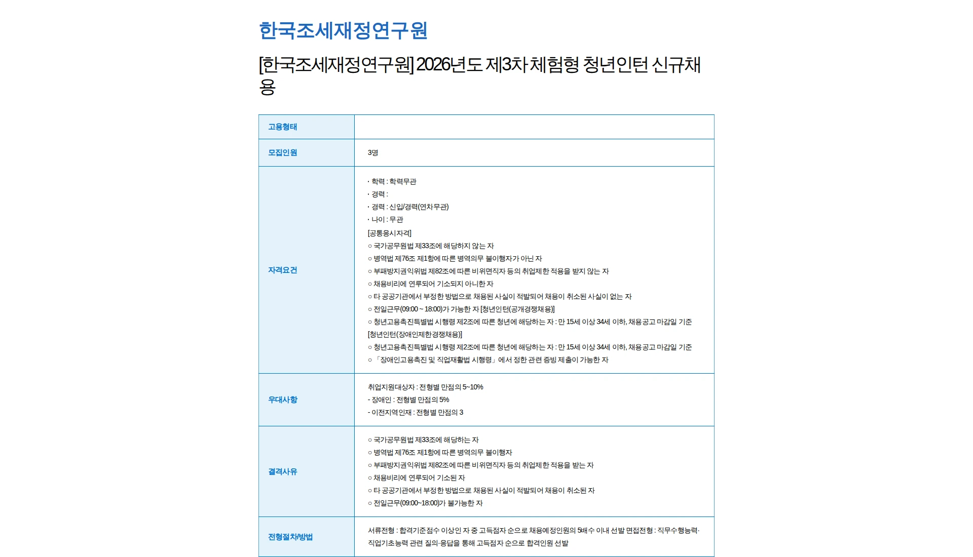 한국조세재정연구원 [한국조세재정연구원] 2026년도 제3차 체험형 청년인턴 신규채용 채용공고