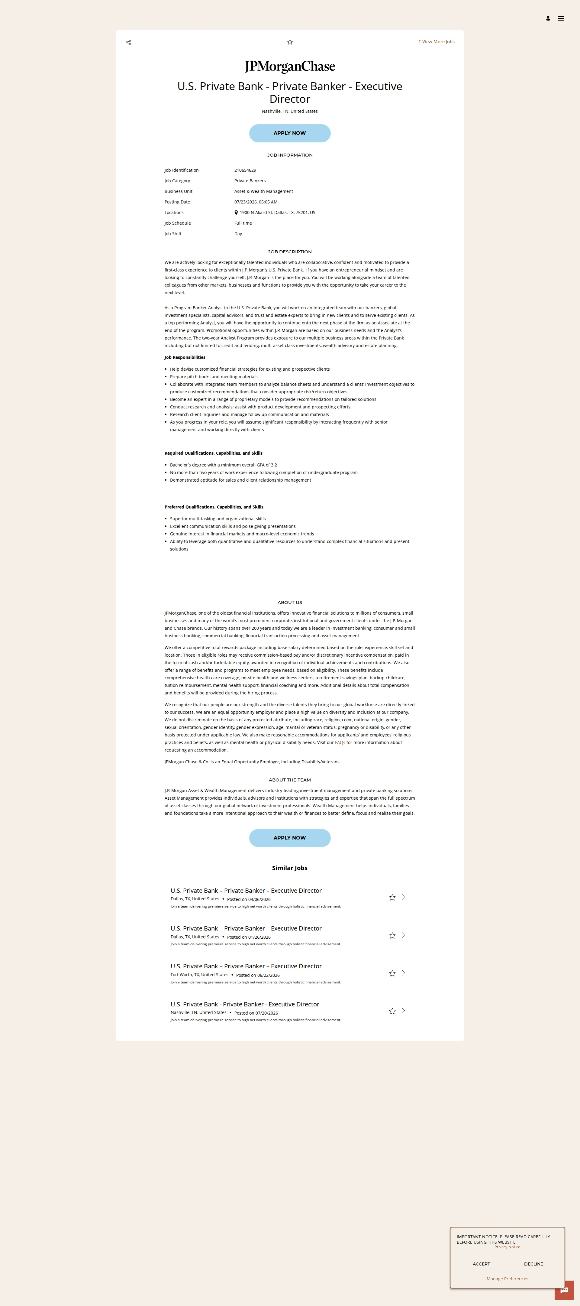 JPMorganChase U.S. Private Bank - Private Banker - Executive Director 채용공고