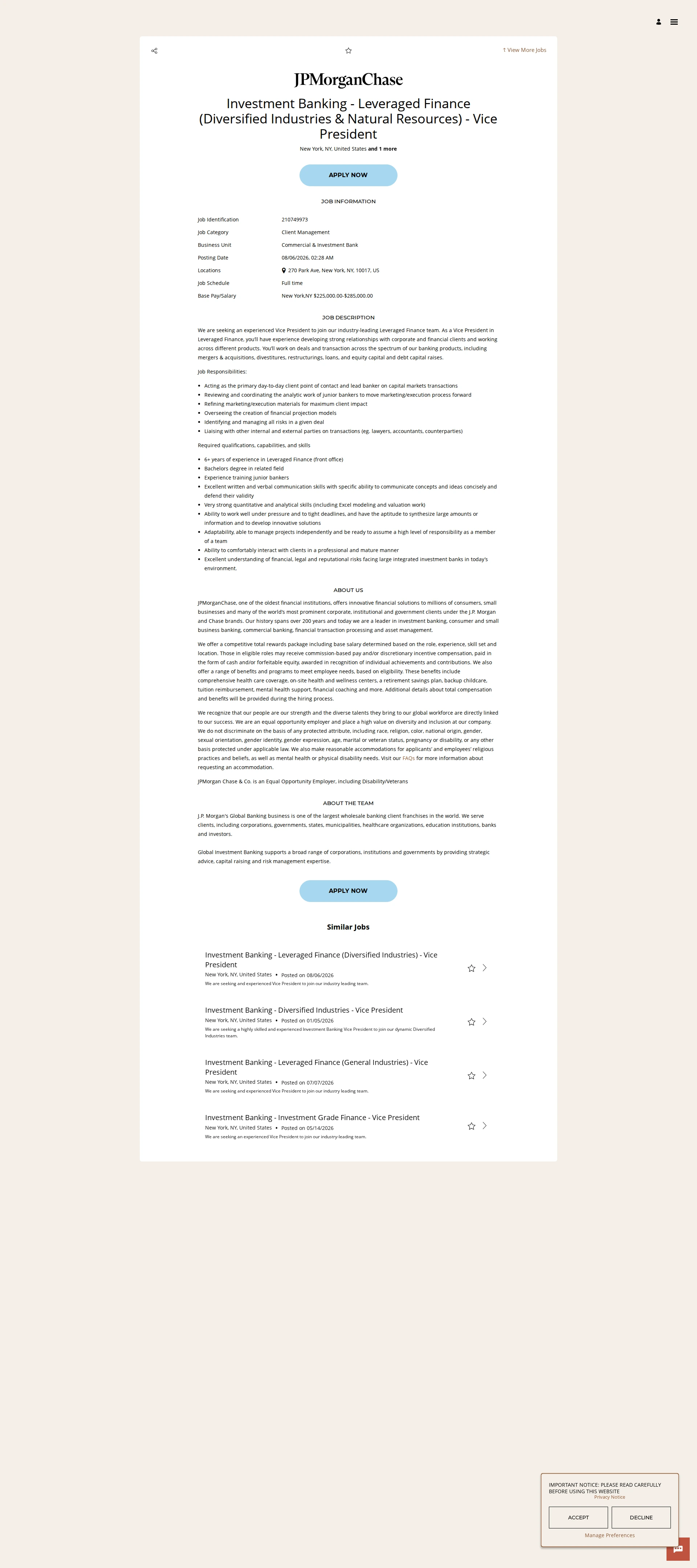 JPMorganChase Investment Banking - Leveraged Finance (Diversified Industries & Natural Resources) - Vice President 채용공고