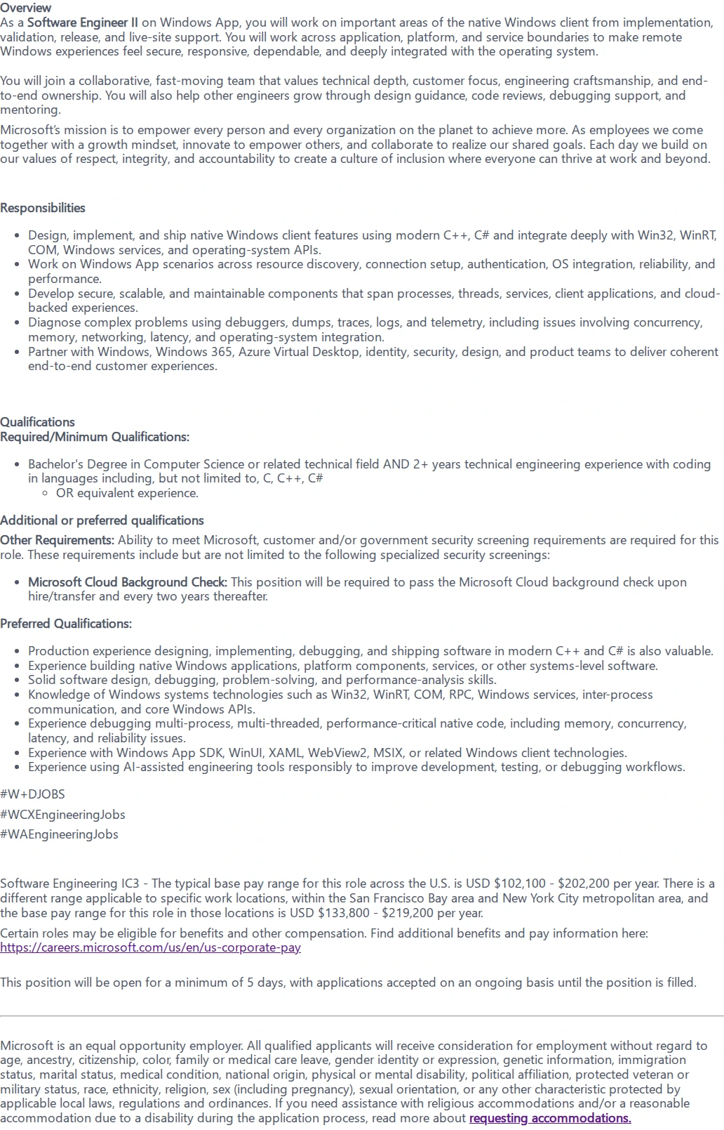 마이크로소프트(Microsoft) Software Engineer II - Windows in Cloud 채용공고
