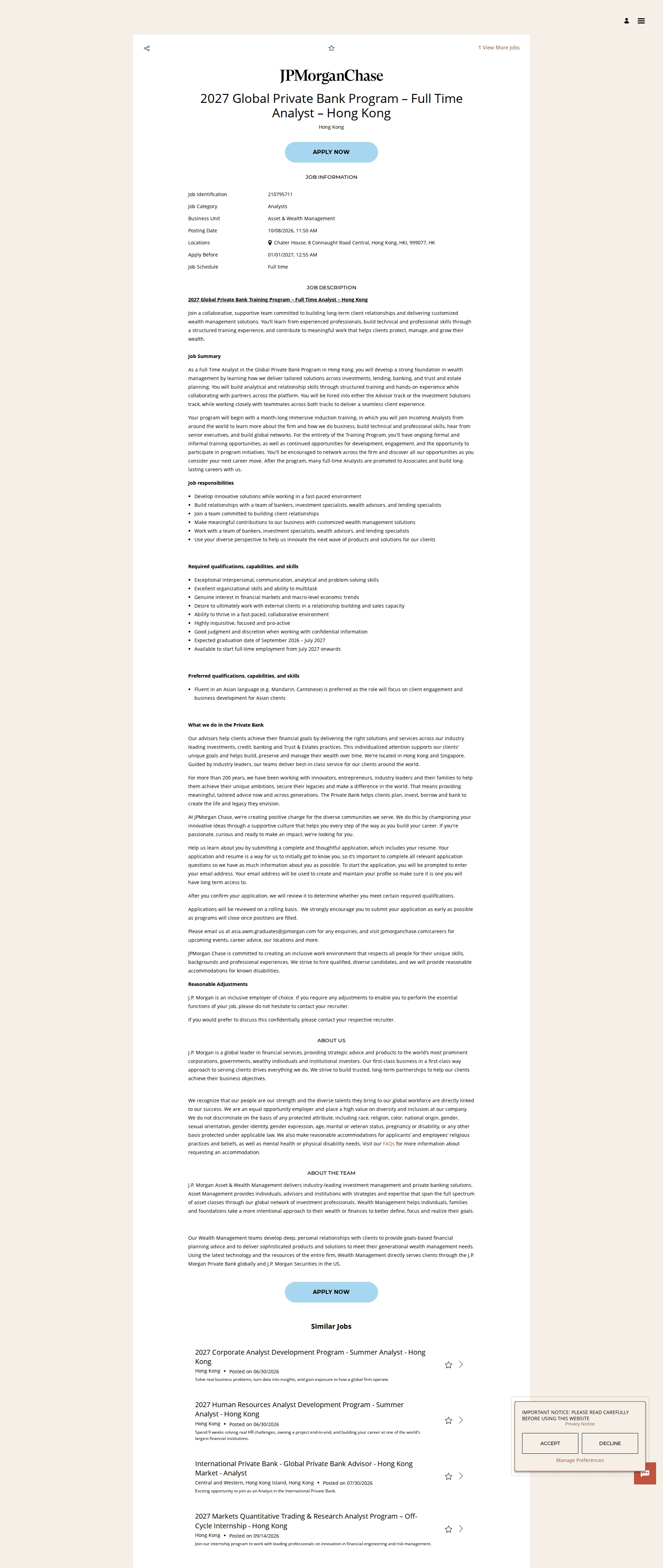 JPMorganChase 2027 Global Private Bank Program – Full Time Analyst – Hong Kong 채용공고