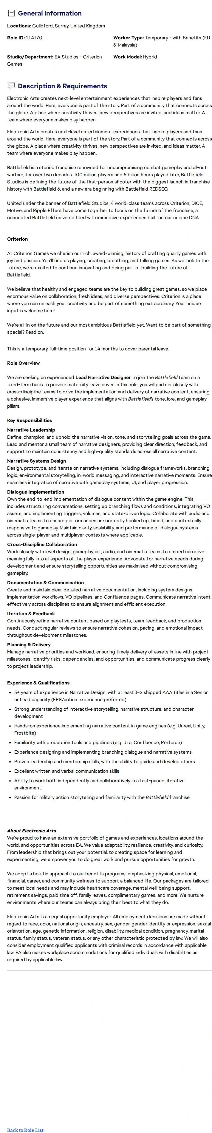 ElectronicArts Lead Narrative Designer (TFT) 채용공고