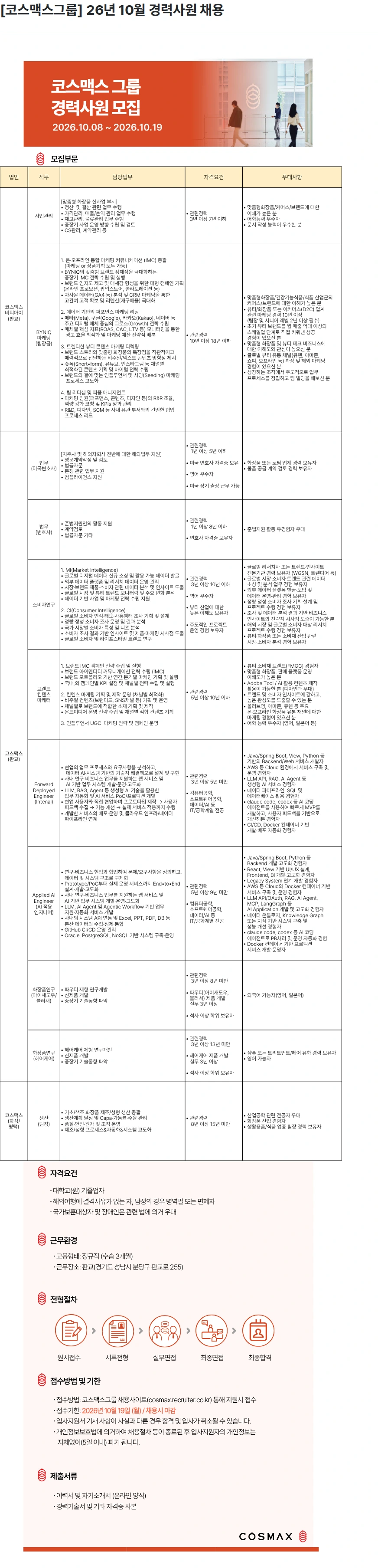코스맥스 [코스맥스그룹] 26년 10월 경력사원 채용 채용공고