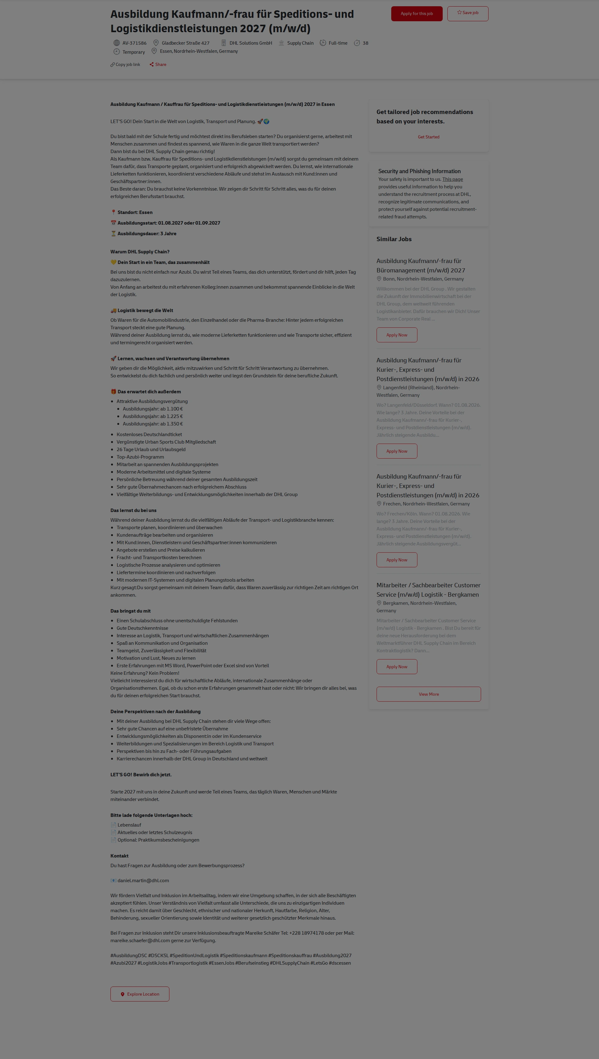 DHL Ausbildung Kaufmann/-frau für Speditions- und Logistikdienstleistungen 2027 (m/w/d) 채용공고