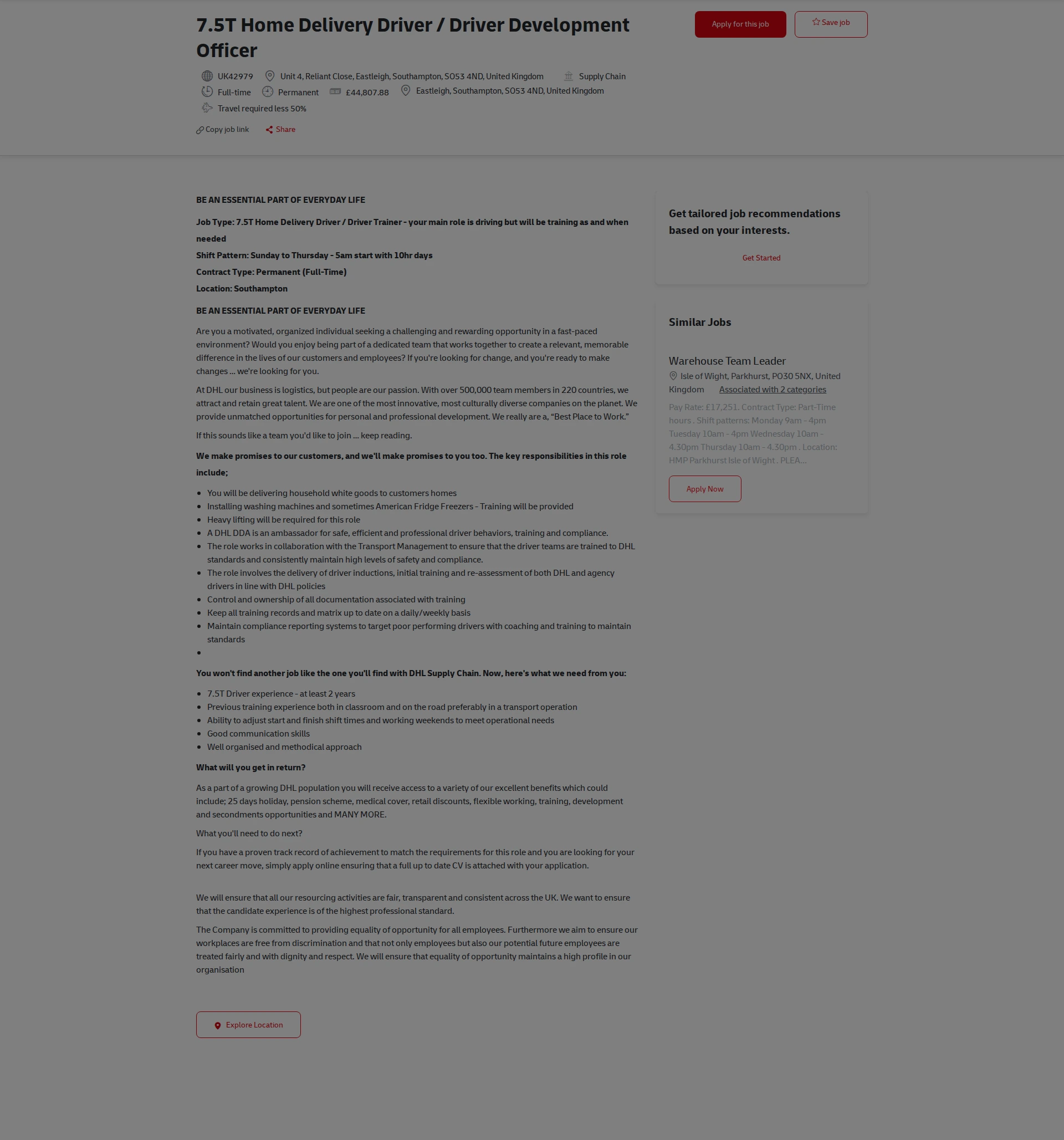 DHL 7.5T Home Delivery Driver / Driver Development Officer 채용공고
