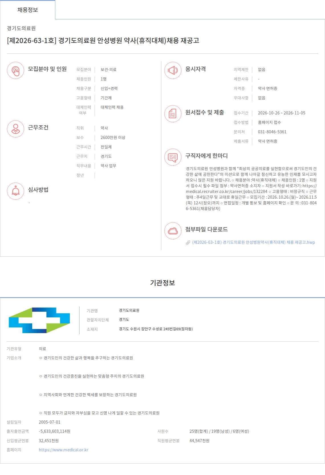 경기도의료원 [제2026-63-1호] 경기도의료원 안성병원 약사(휴직대체)채용 재공고 채용공고