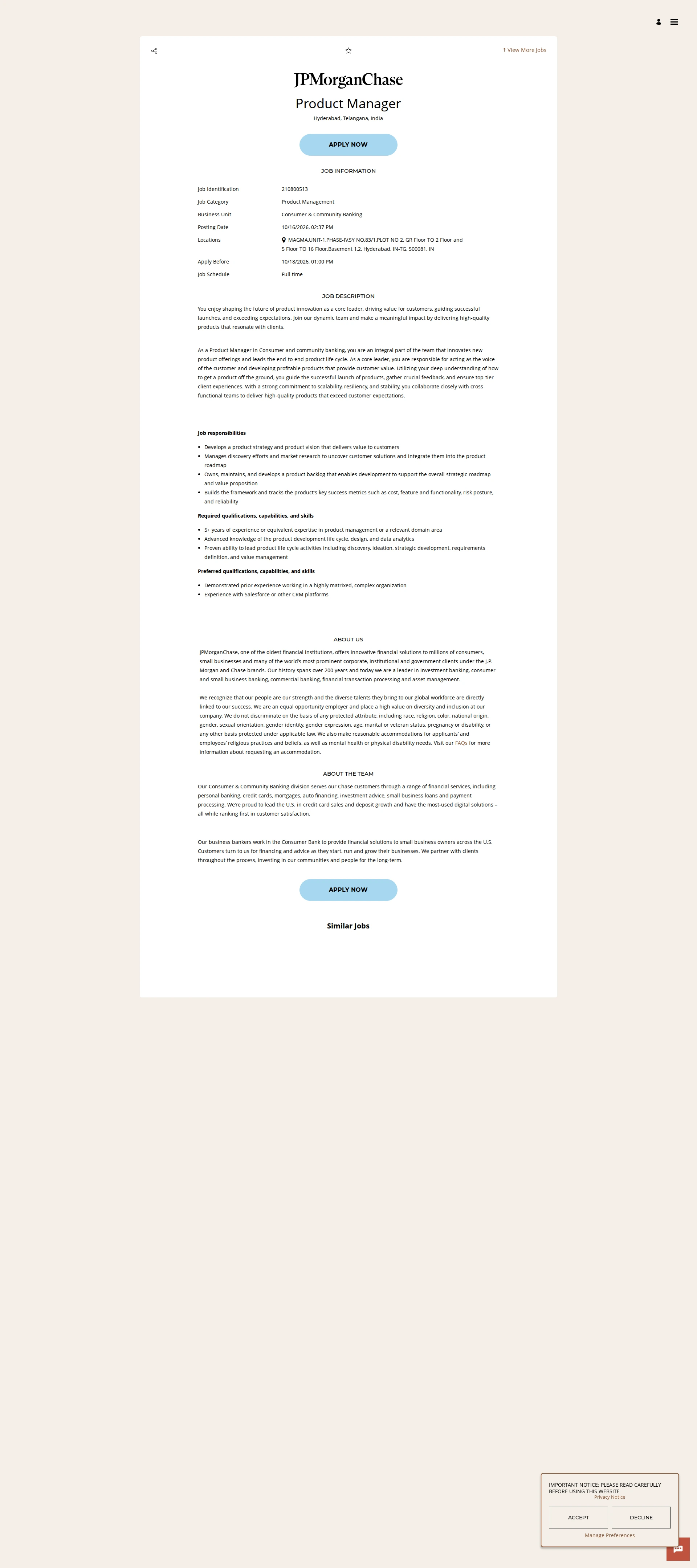 JPMorganChase Product Manager 채용공고