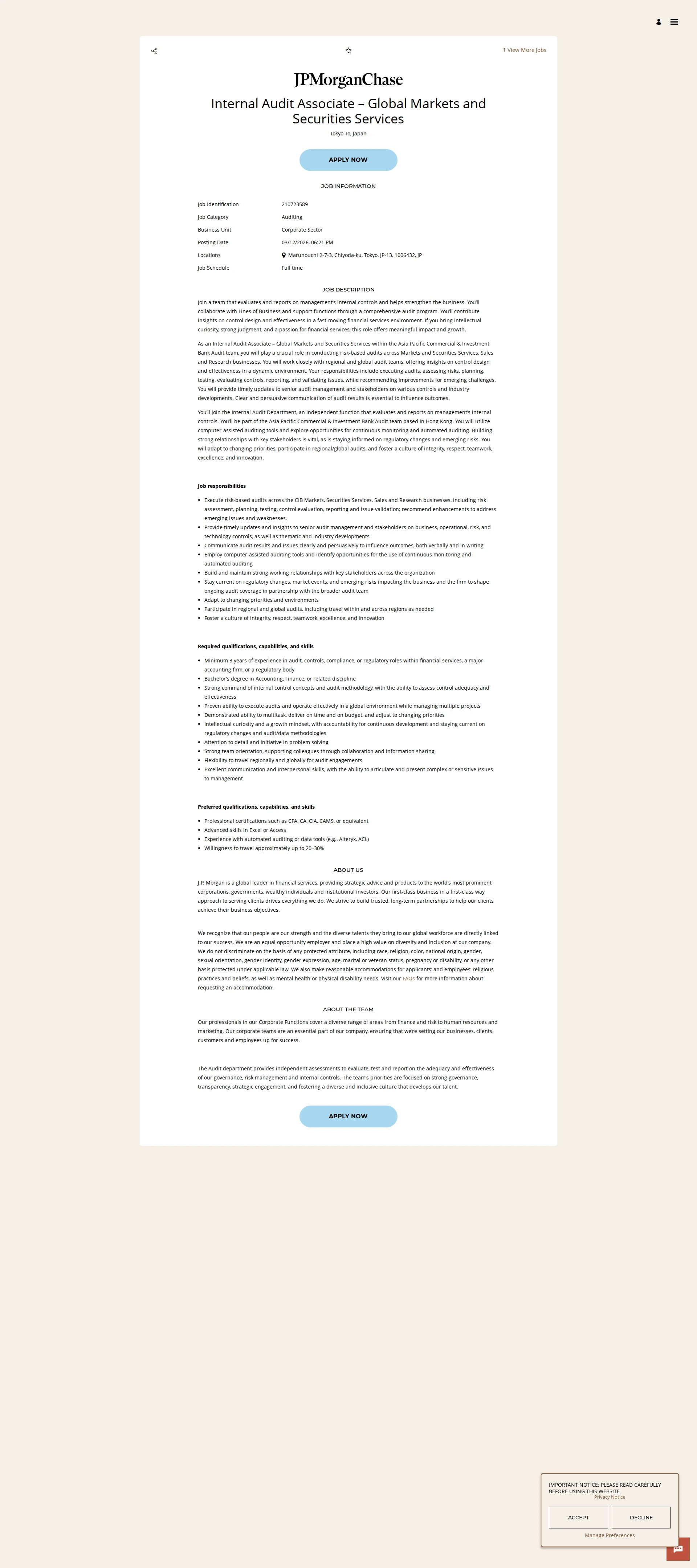 JPMorganChase Internal Audit Associate – Global Markets and Securities Services 채용공고
