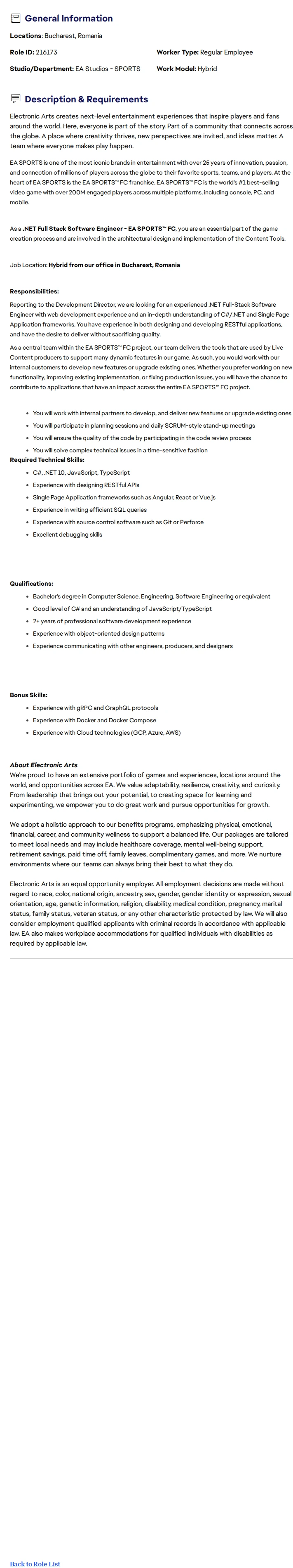 ElectronicArts Software Engineer, .NET - EA SPORTS FC 채용공고