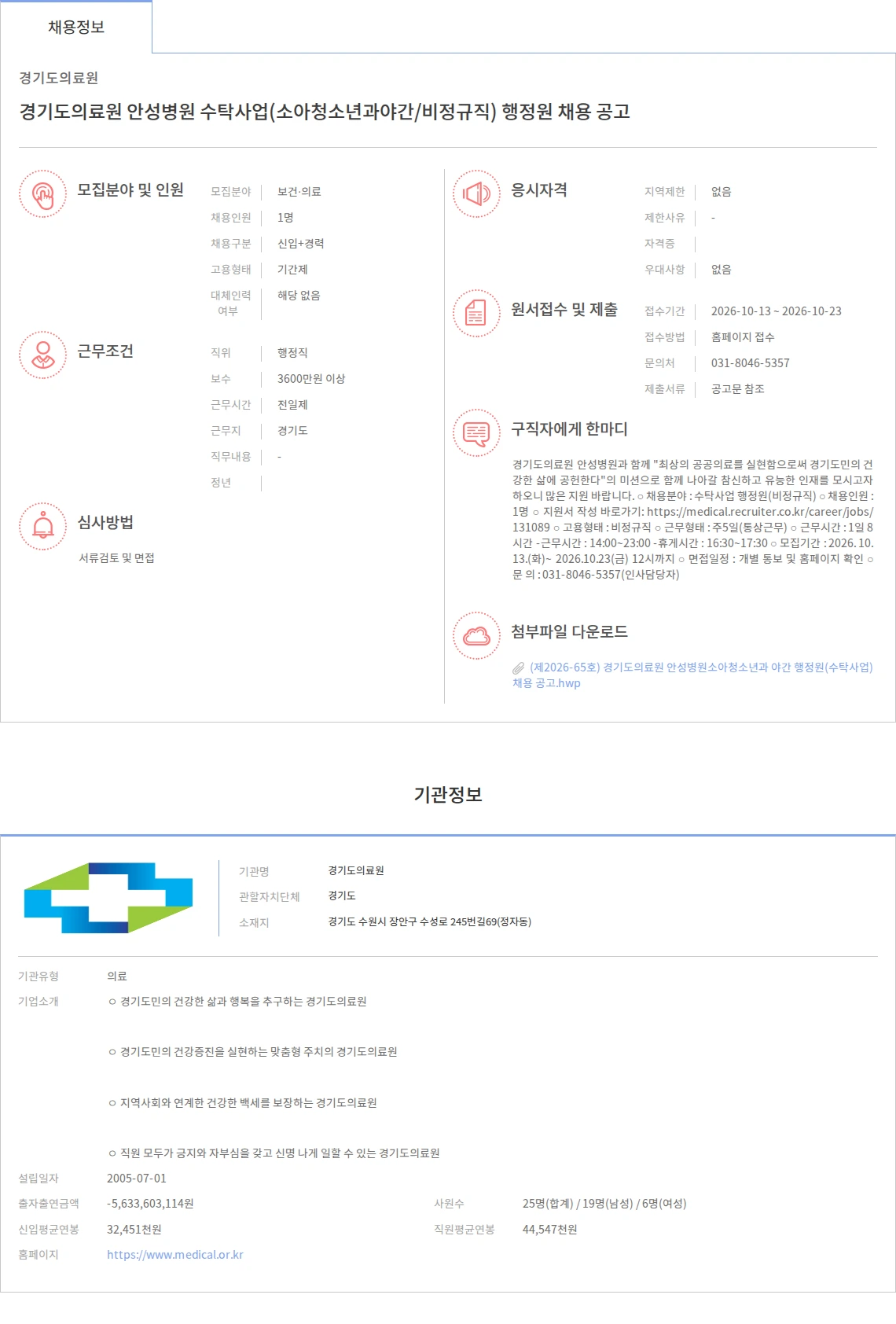 경기도의료원 경기도의료원 안성병원 수탁사업(소아청소년과야간/비정규직) 행정원 채용 공고 채용공고