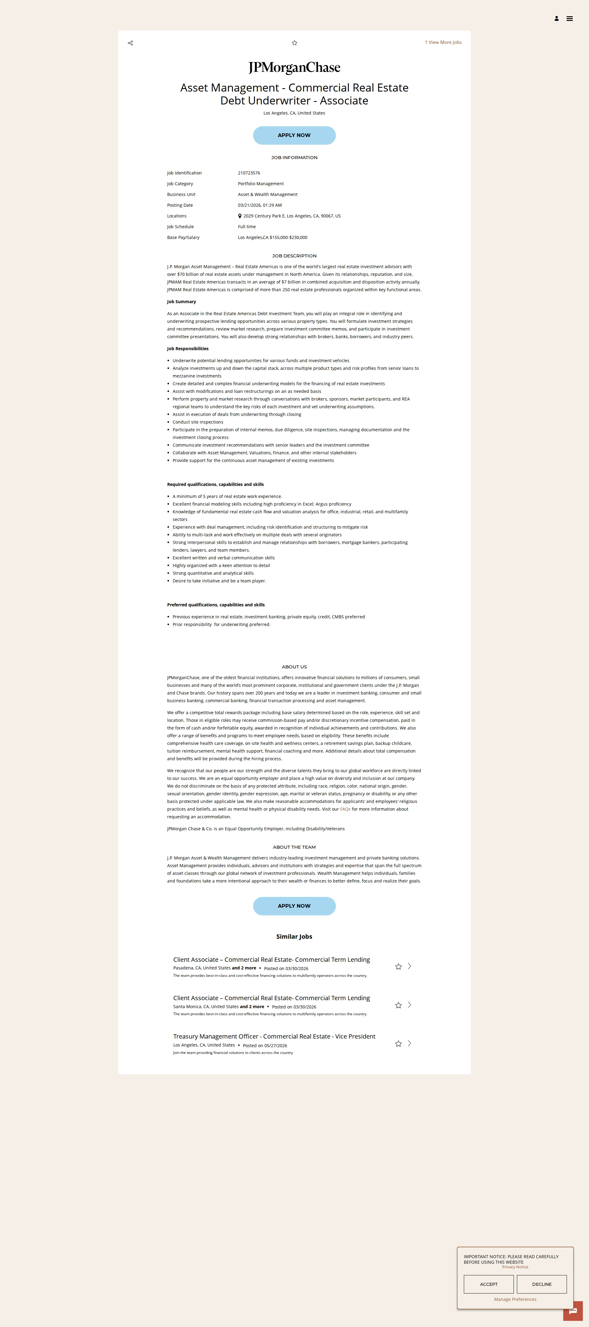 JPMorganChase Asset Management - Commercial Real Estate Debt Underwriter - Associate 채용공고
