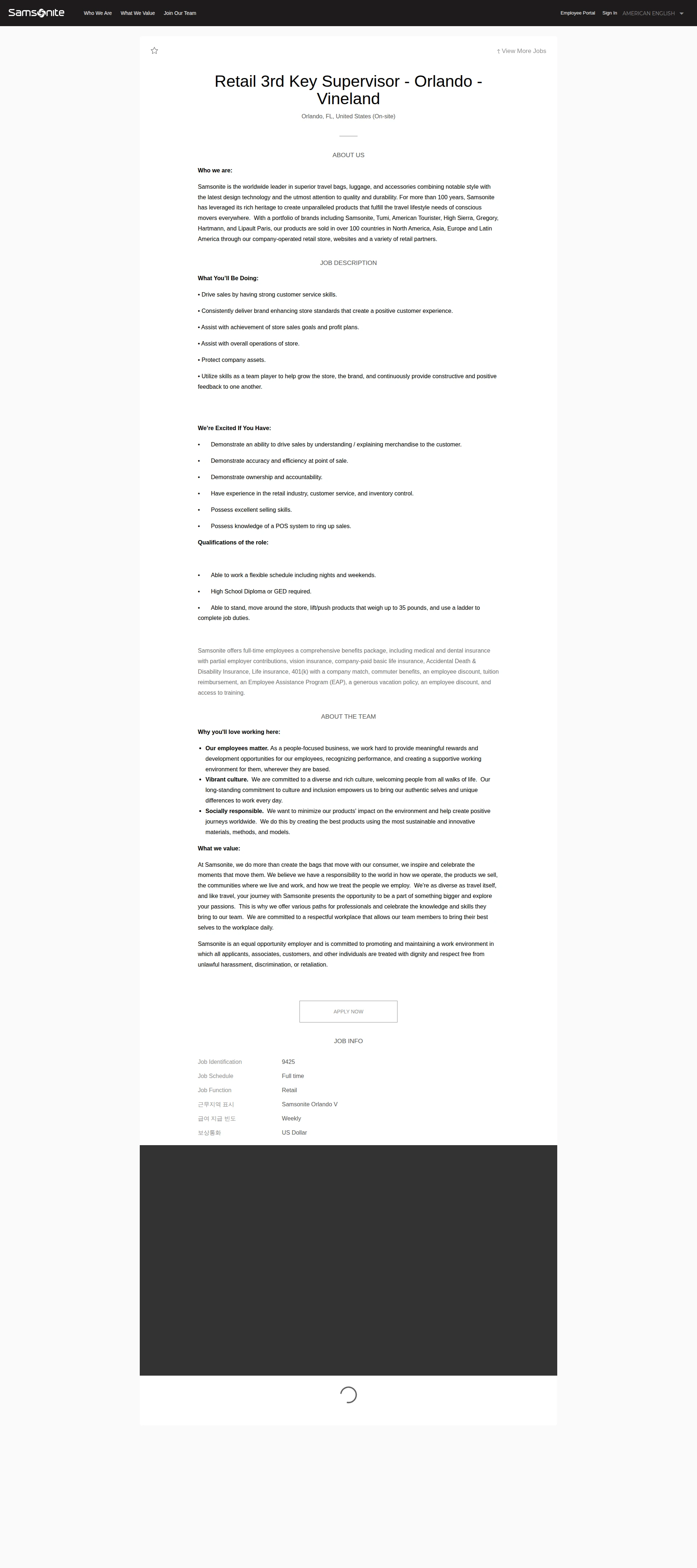 쌤소나이트 Retail 3rd Key Supervisor - Orlando - Vineland 채용공고