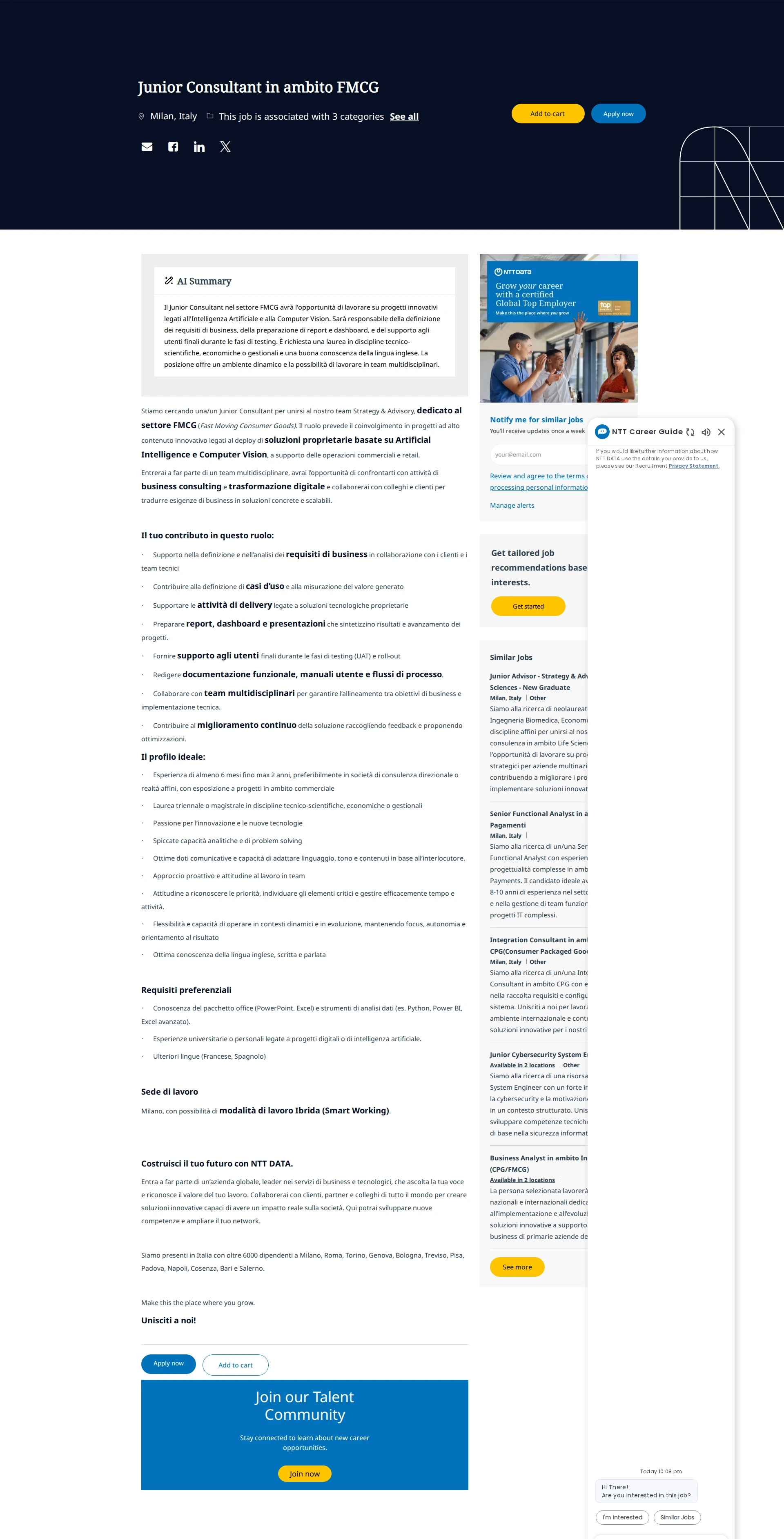 NTT데이터 Junior Consultant in ambito FMCG 채용공고