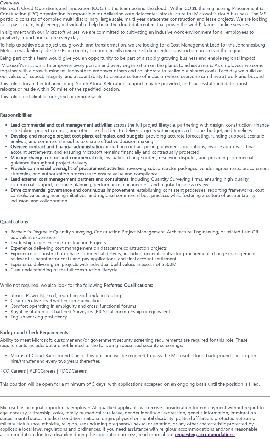 마이크로소프트(Microsoft) Senior Cost Management Lead, Johannesburg Data Center 채용공고