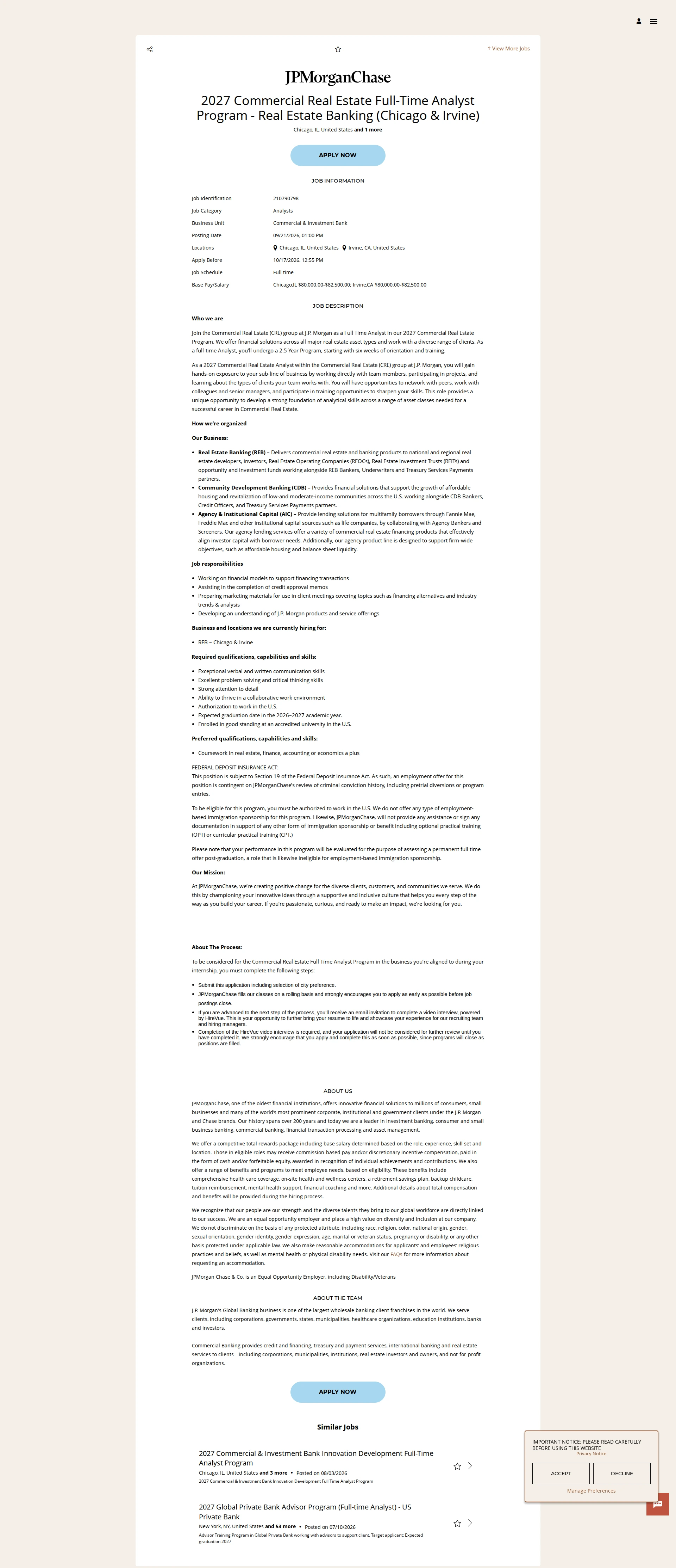 JPMorganChase 2027 Commercial Real Estate Full-Time Analyst Program - Real Estate Banking (Chicago & Irvine) 채용공고