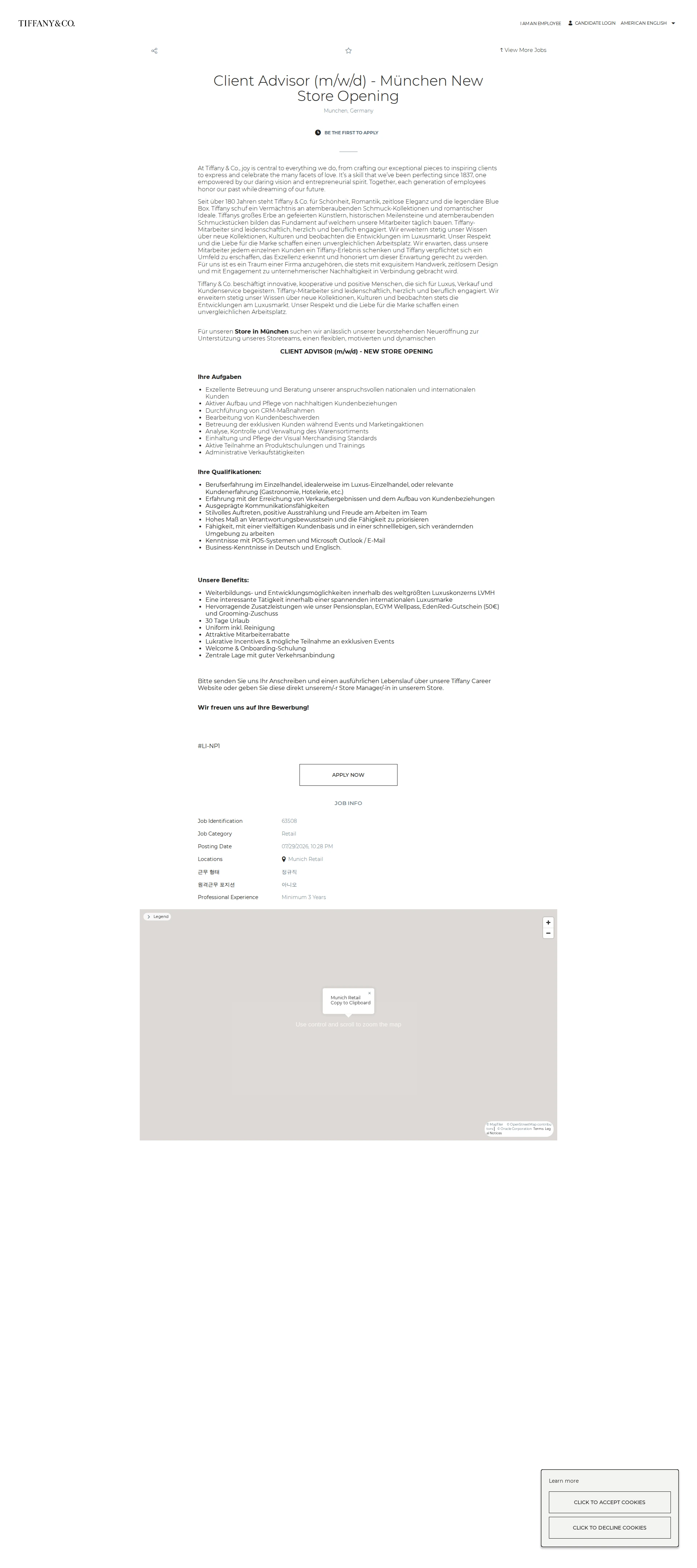 티파니앤코 Client Advisor (m/w/d) - München New Store Opening 채용공고